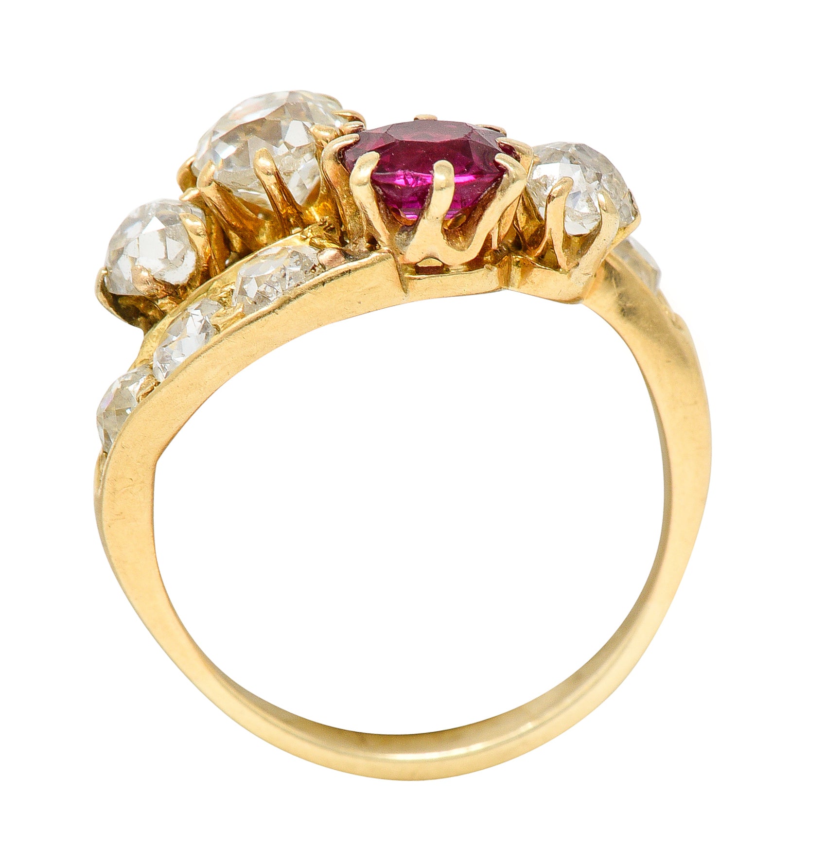 1900 Victorian 1.90 CTW Diamond Ruby 14 Karat Yellow Gold Bypass RingRing - Wilson's Estate Jewelry