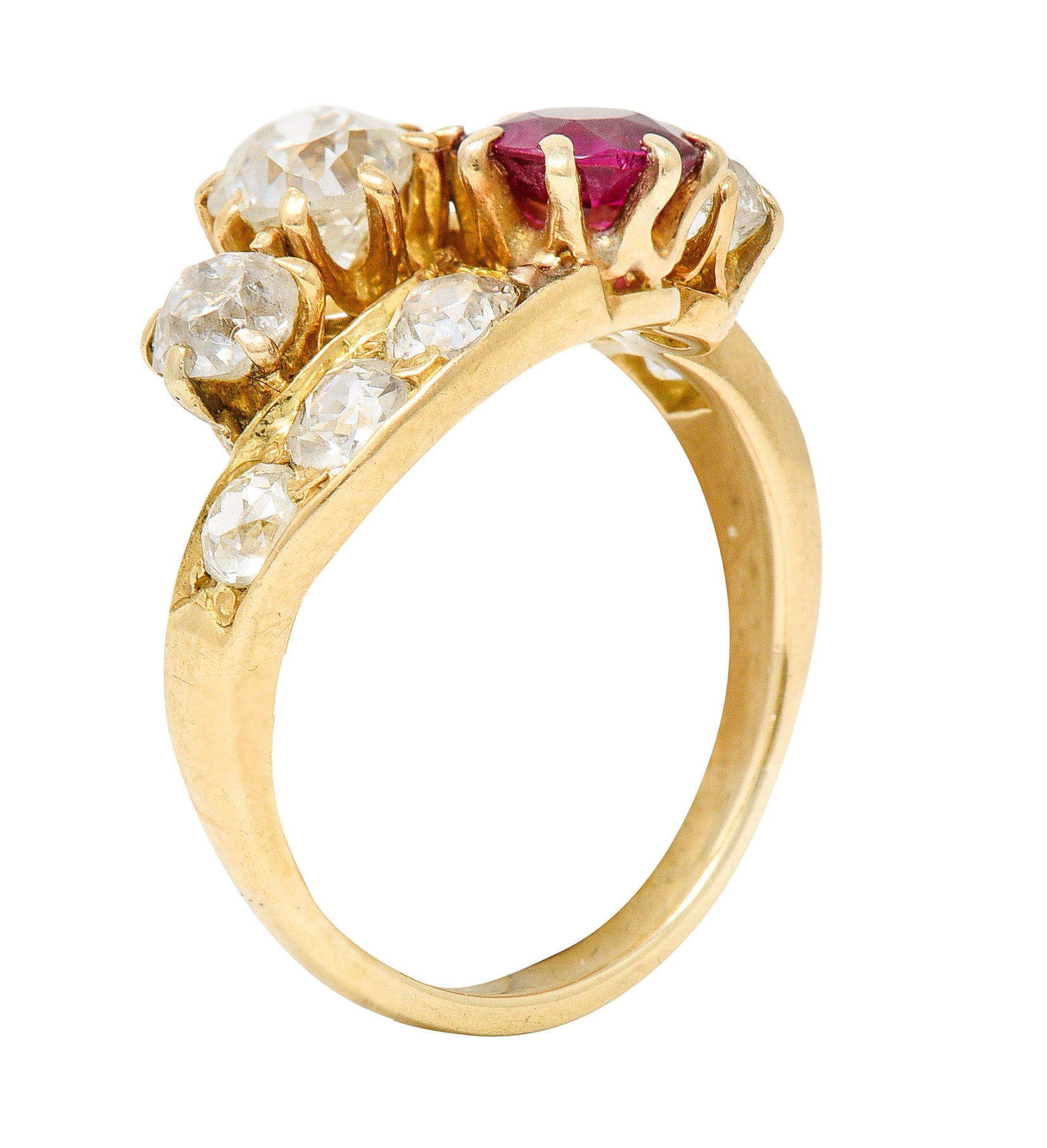 1900 Victorian 1.90 CTW Diamond Ruby 14 Karat Yellow Gold Bypass RingRing - Wilson's Estate Jewelry