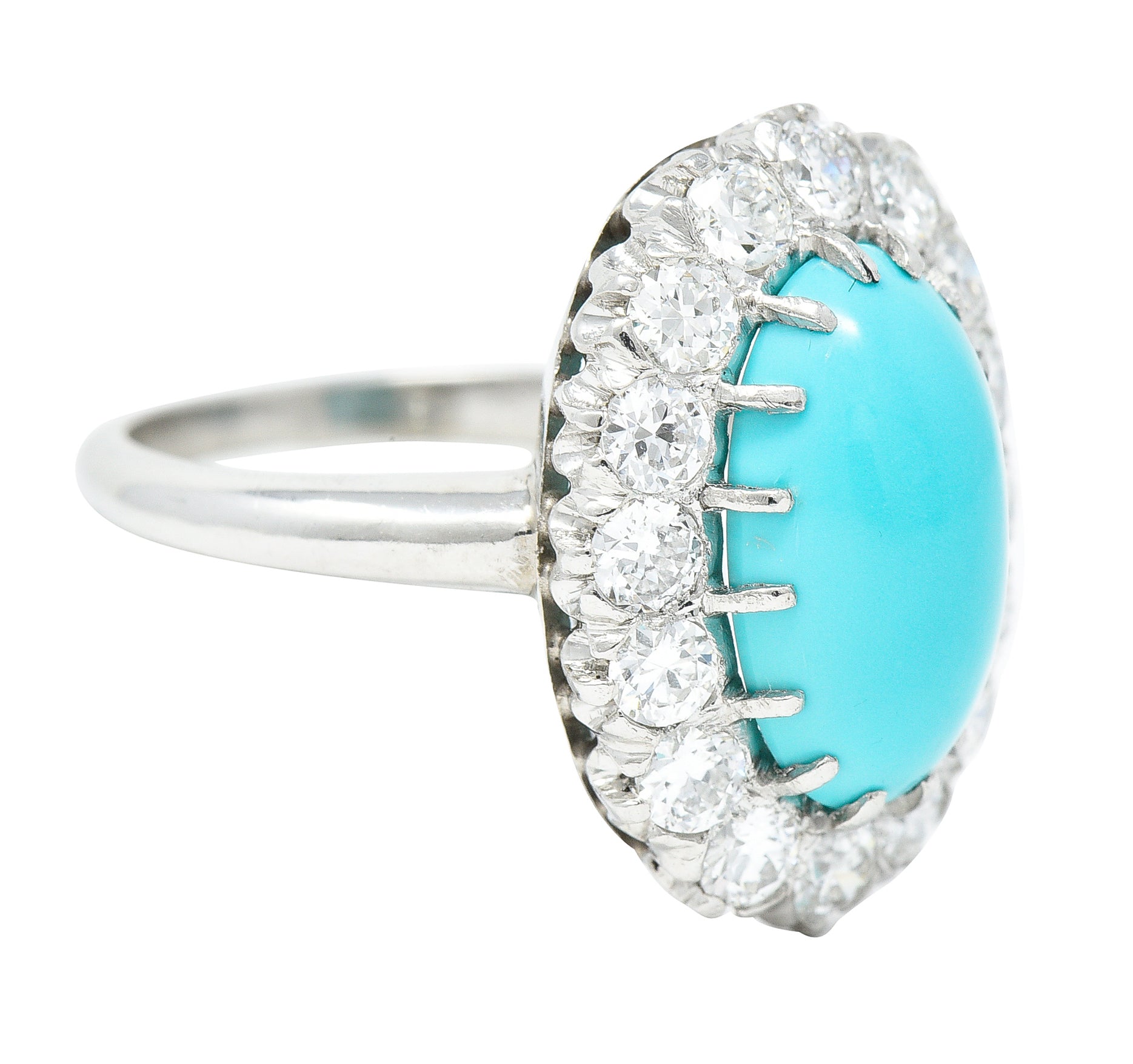 Art Deco 1.12 CTW Turquoise Cabochon Transitional Cut Diamond Platinum Halo Ring Wilson's Estate Jewelry