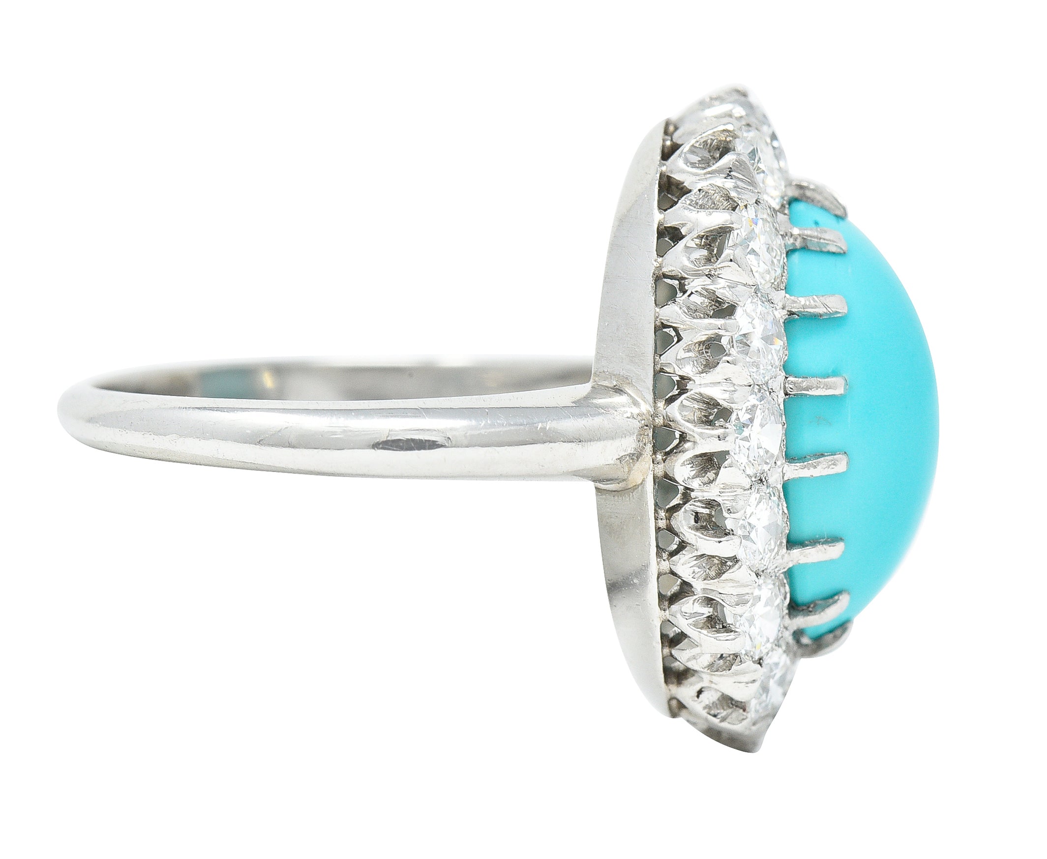 Art Deco 1.12 CTW Turquoise Cabochon Transitional Cut Diamond Platinum Halo Ring Wilson's Estate Jewelry