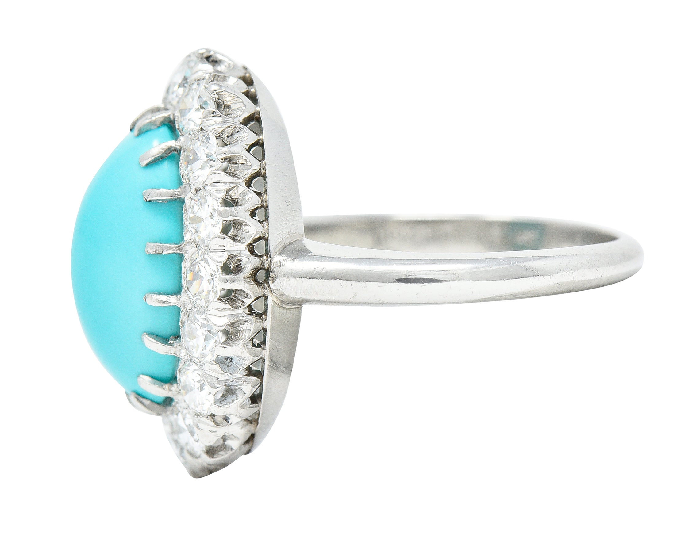 Art Deco 1.12 CTW Turquoise Cabochon Transitional Cut Diamond Platinum Halo Ring Wilson's Estate Jewelry