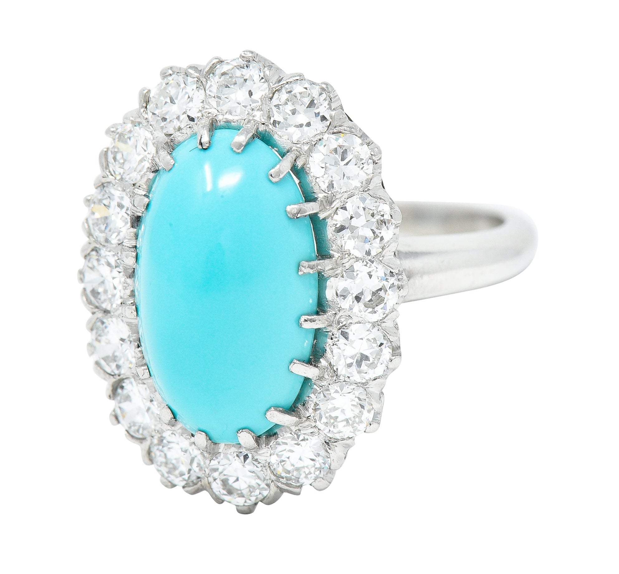 Art Deco 1.12 CTW Turquoise Cabochon Transitional Cut Diamond Platinum Halo Ring Wilson's Estate Jewelry