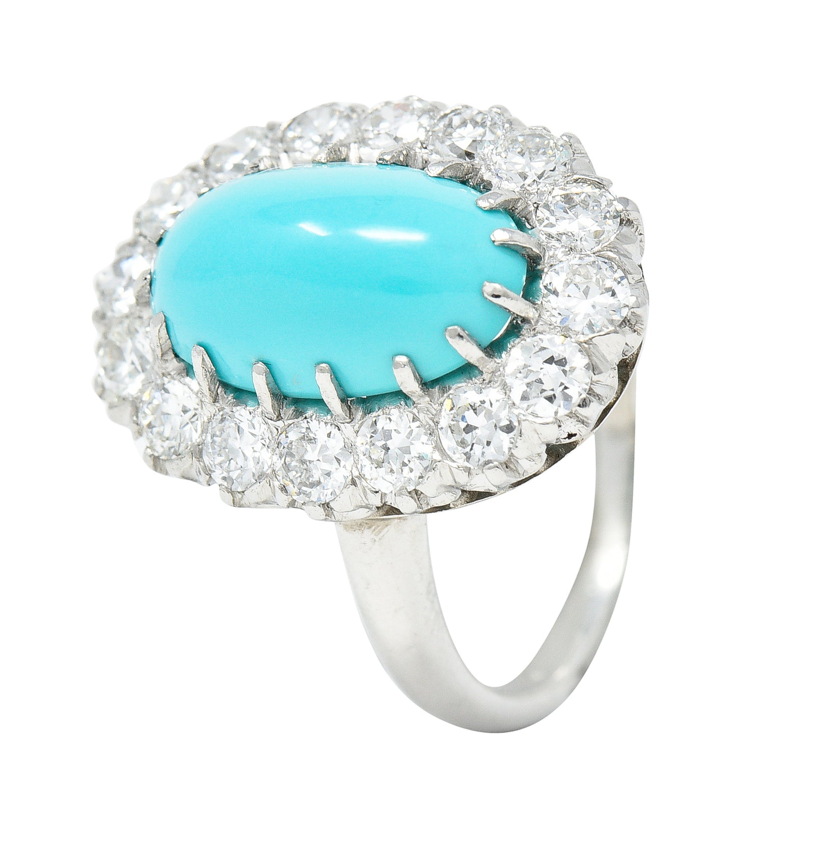 Art Deco 1.12 CTW Turquoise Cabochon Transitional Cut Diamond Platinum Halo Ring Wilson's Estate Jewelry