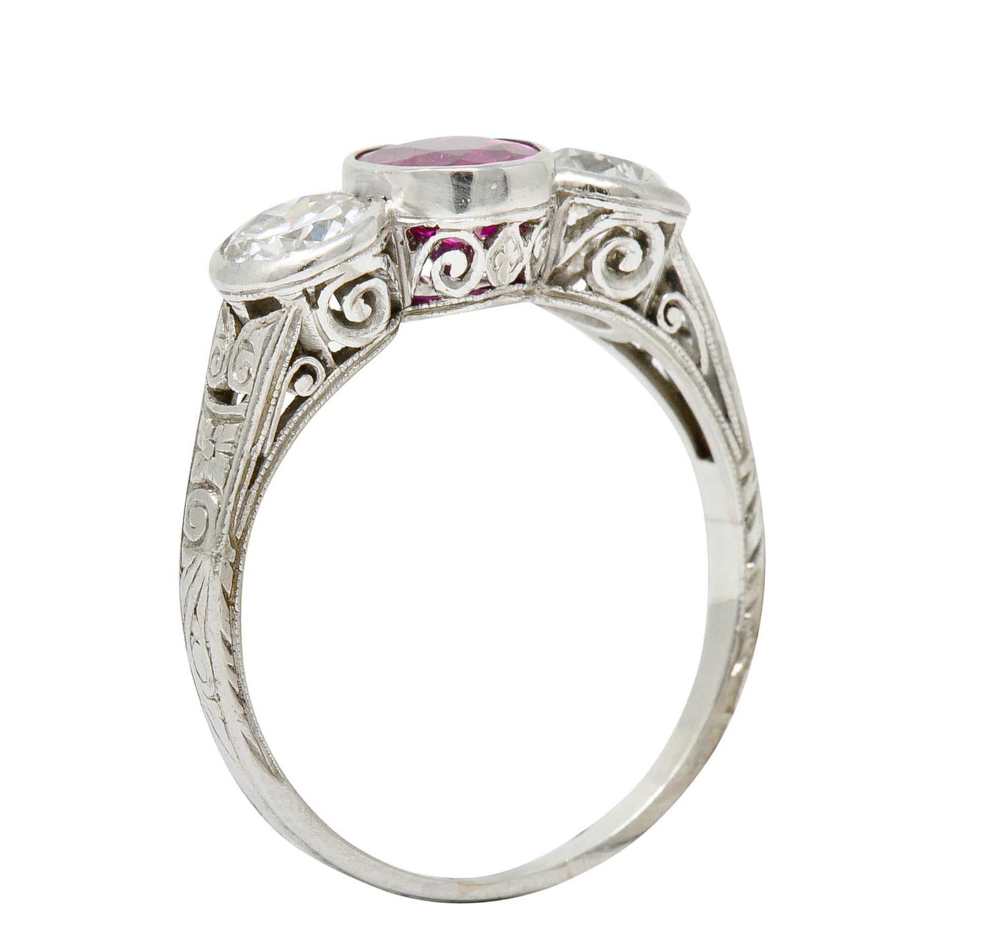 1920's Art Deco 2.03 CTW No Heart Burma Ruby Diamond Platinum Three Stone Ring GIARing - Wilson's Estate Jewelry