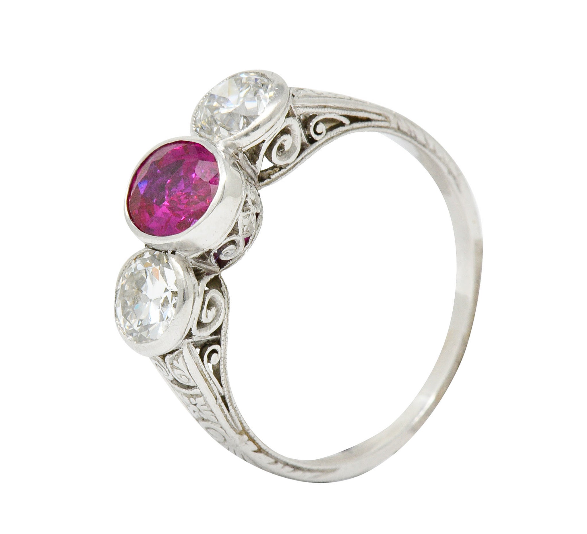 1920's Art Deco 2.03 CTW No Heart Burma Ruby Diamond Platinum Three Stone Ring GIARing - Wilson's Estate Jewelry