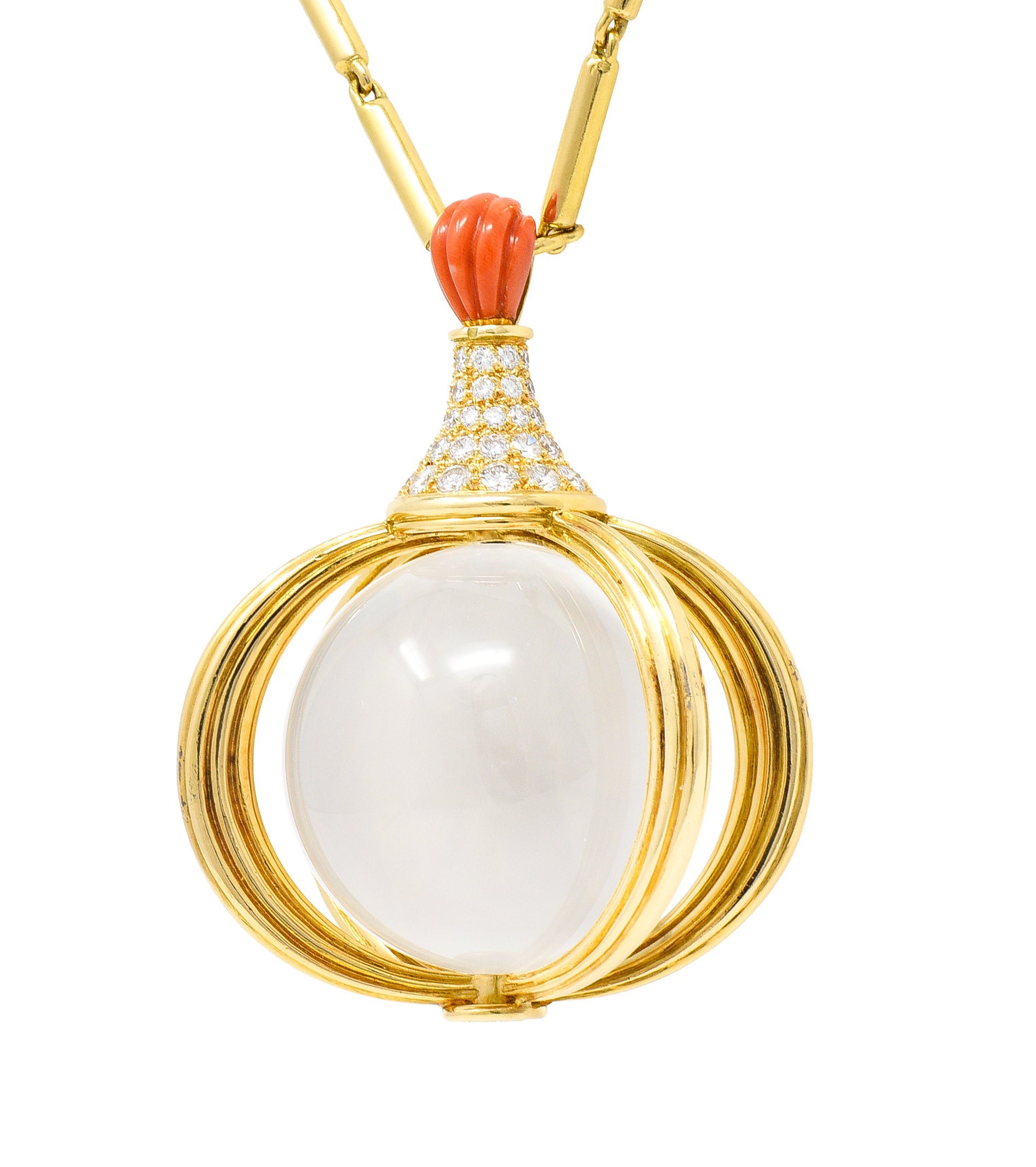 Van Cleef & Arpels Substantial French 1970's Diamond Coral Crystal Quartz Sphere 18 Karat Yellow Gold Vintage Pendant Necklace Georges L'Enfant Wilson's Estate Jewelry