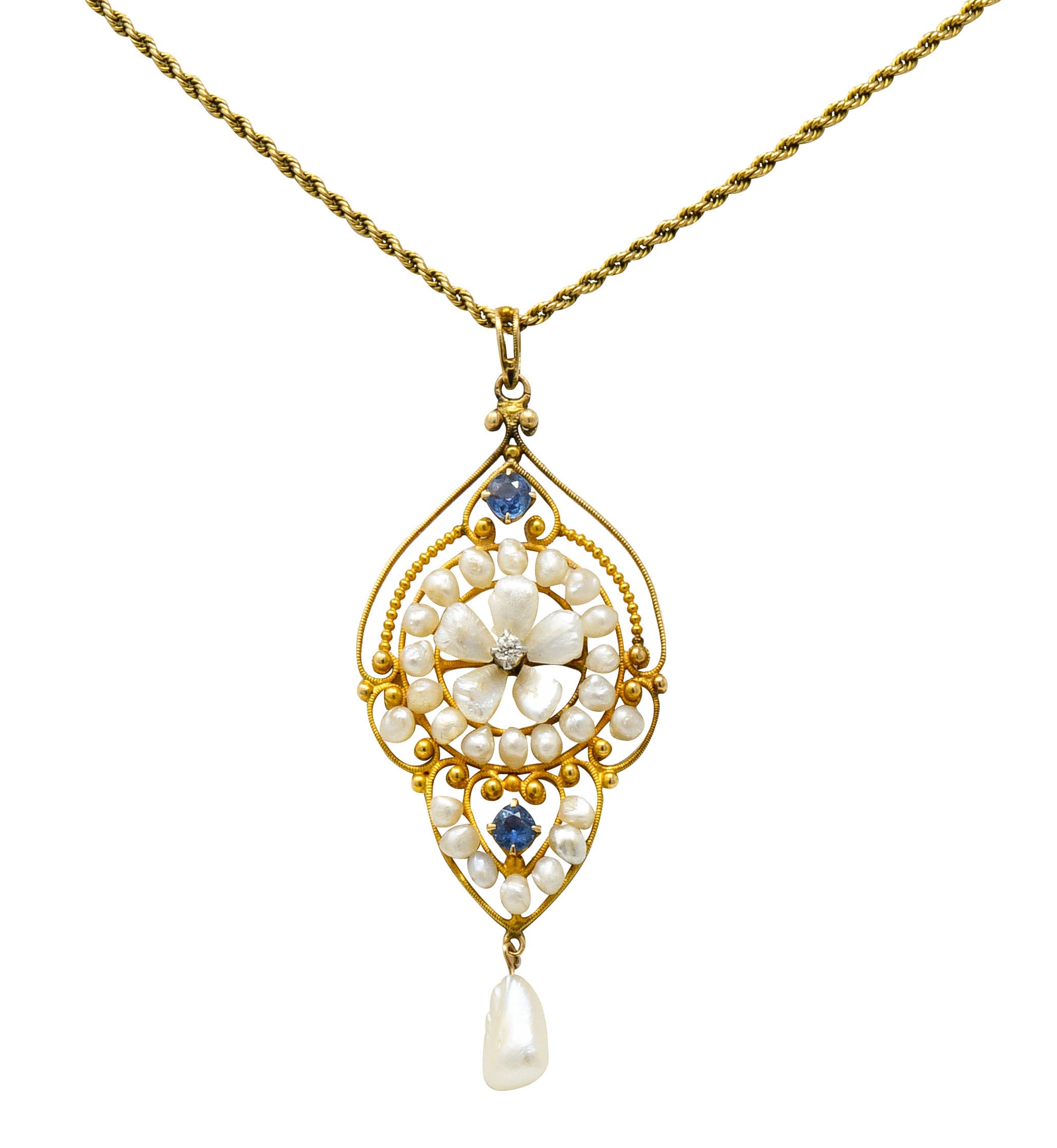 Victorian Pearl Sapphire Diamond 14 Karat Gold Floral Drop Pendant NecklaceNecklace - Wilson's Estate Jewelry