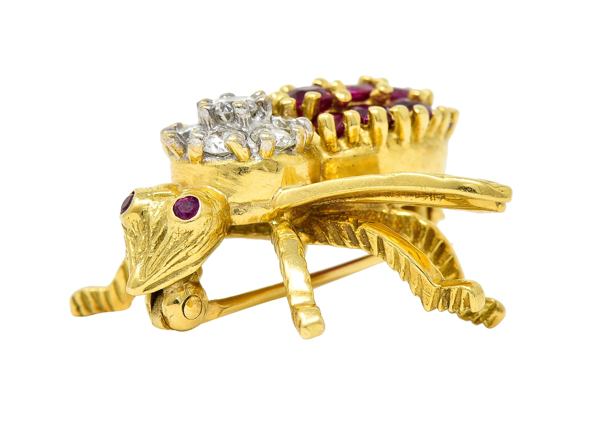 1960's Herbert Rosenthal 1.00 CTW Ruby Diamond 18 Karat Yellow Gold Vintage Bug Brooch Wilson's Estate Jewelry