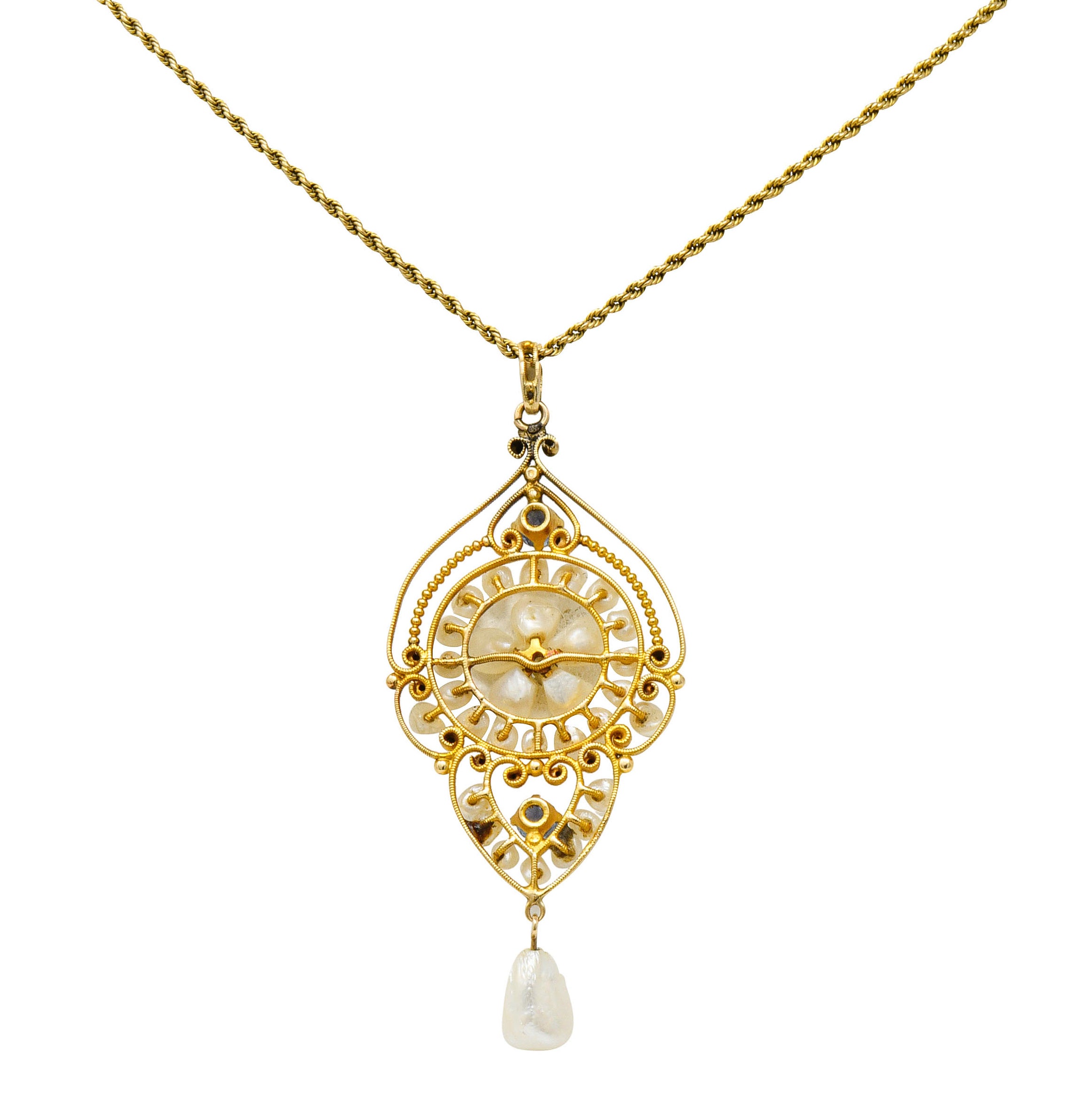 Victorian Pearl Sapphire Diamond 14 Karat Gold Floral Drop Pendant NecklaceNecklace - Wilson's Estate Jewelry