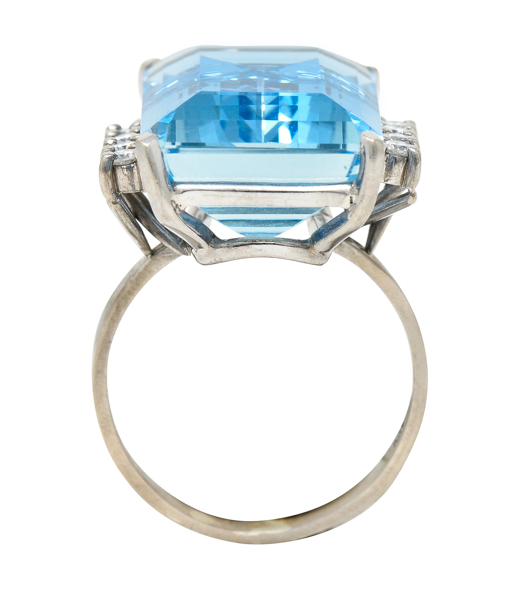 1950's Mid-Century 18.60 CTW Aquamarine Diamond 18 Karat White Gold Vintage Cocktail Ring Wilson's Estate Jewelry