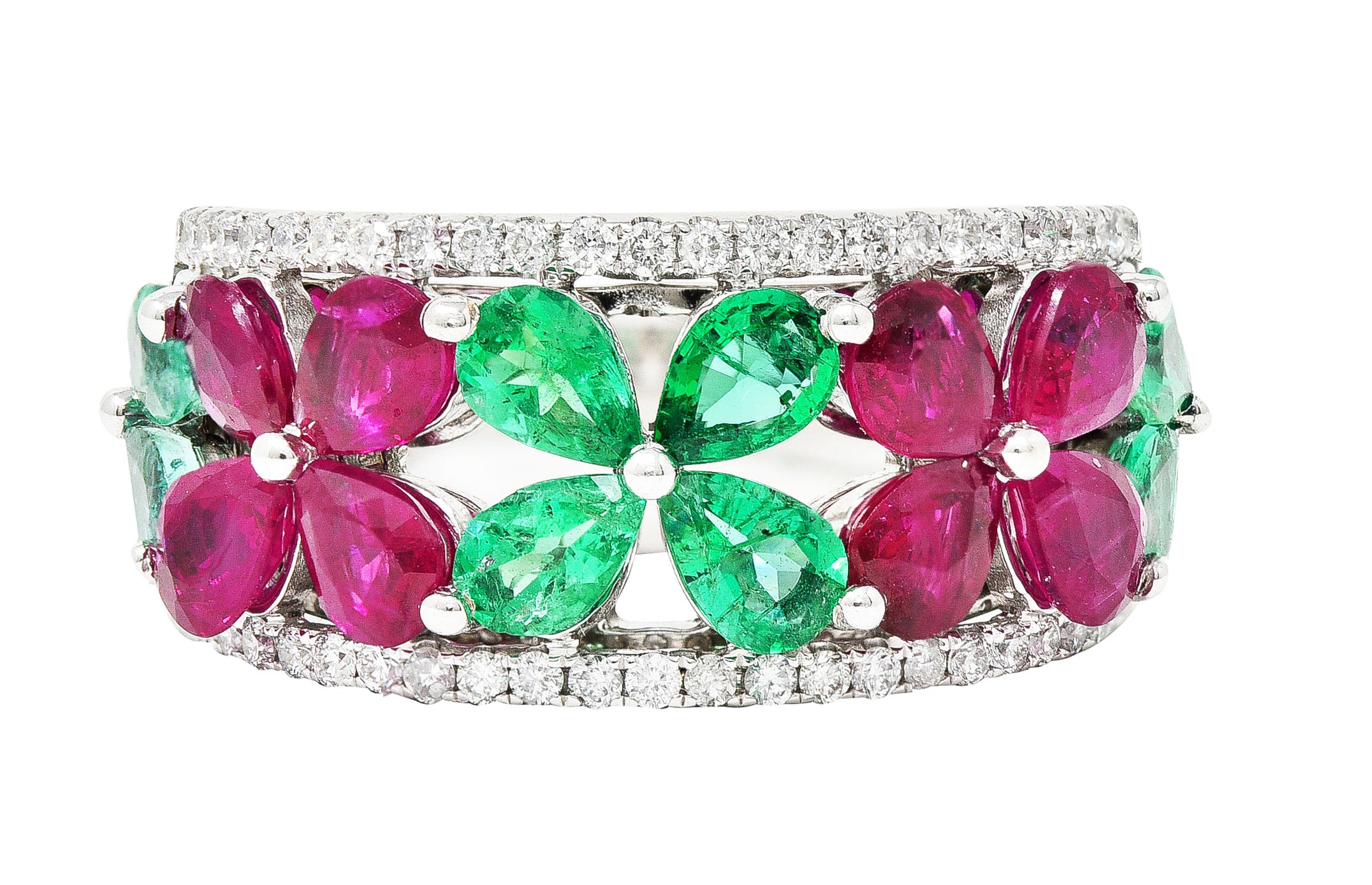 Contemporary 3.95 CTW Emerald Ruby Diamond 14 Karat White Gold Gemstone Flower Band Ring Wilson's Estate Jewelry