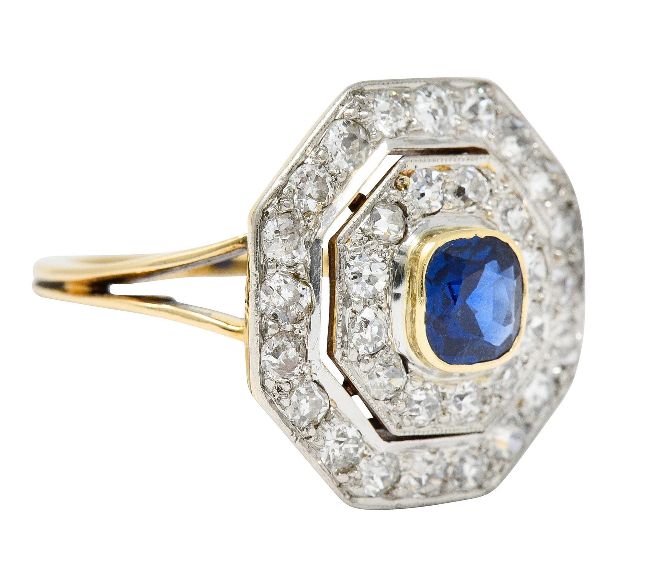 Early Art Deco 1.95 CTW Sapphire Diamond Platinum-Topped 14 Karat Gold Octagonal Cluster RingRing - Wilson's Estate Jewelry