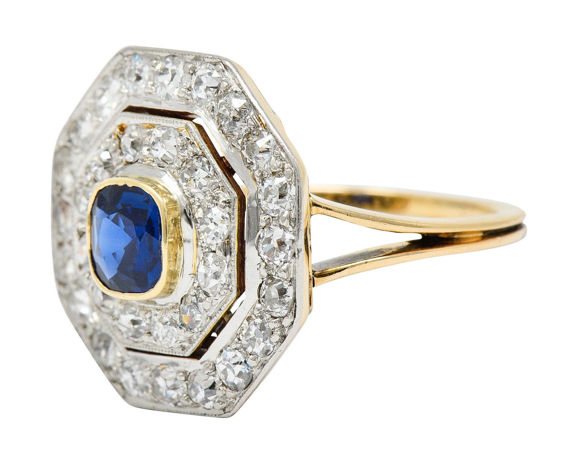 Early Art Deco 1.95 CTW Sapphire Diamond Platinum-Topped 14 Karat Gold Octagonal Cluster RingRing - Wilson's Estate Jewelry