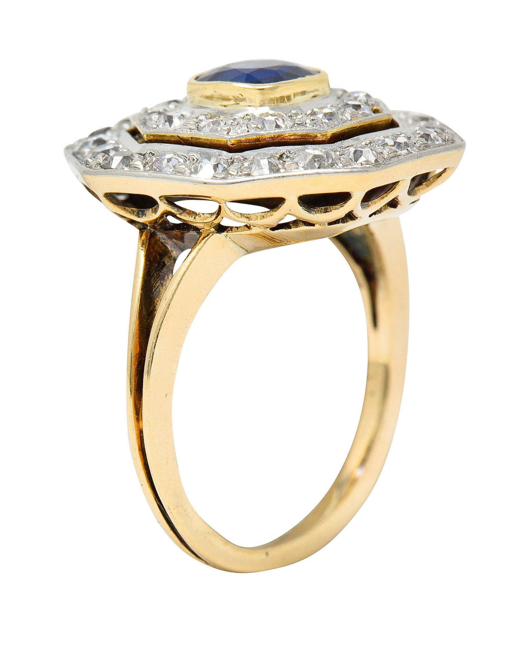 Early Art Deco 1.95 CTW Sapphire Diamond Platinum-Topped 14 Karat Gold Octagonal Cluster RingRing - Wilson's Estate Jewelry