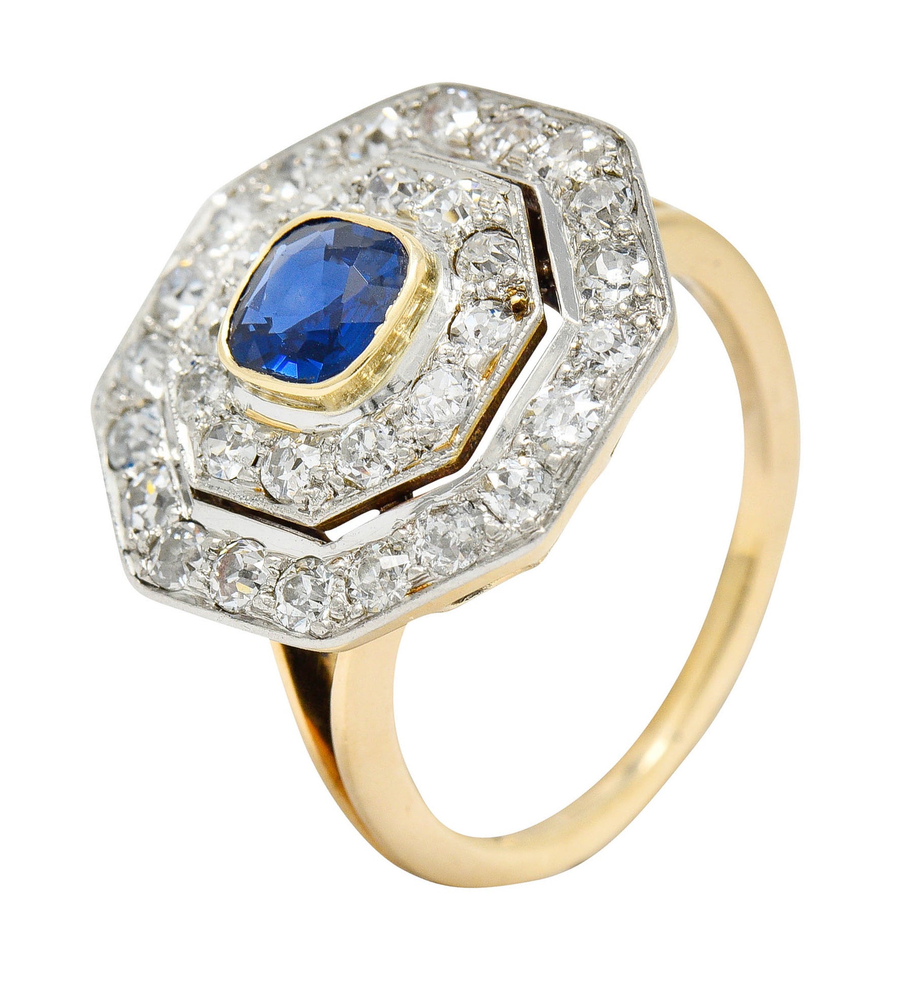 Early Art Deco 1.95 CTW Sapphire Diamond Platinum-Topped 14 Karat Gold Octagonal Cluster RingRing - Wilson's Estate Jewelry