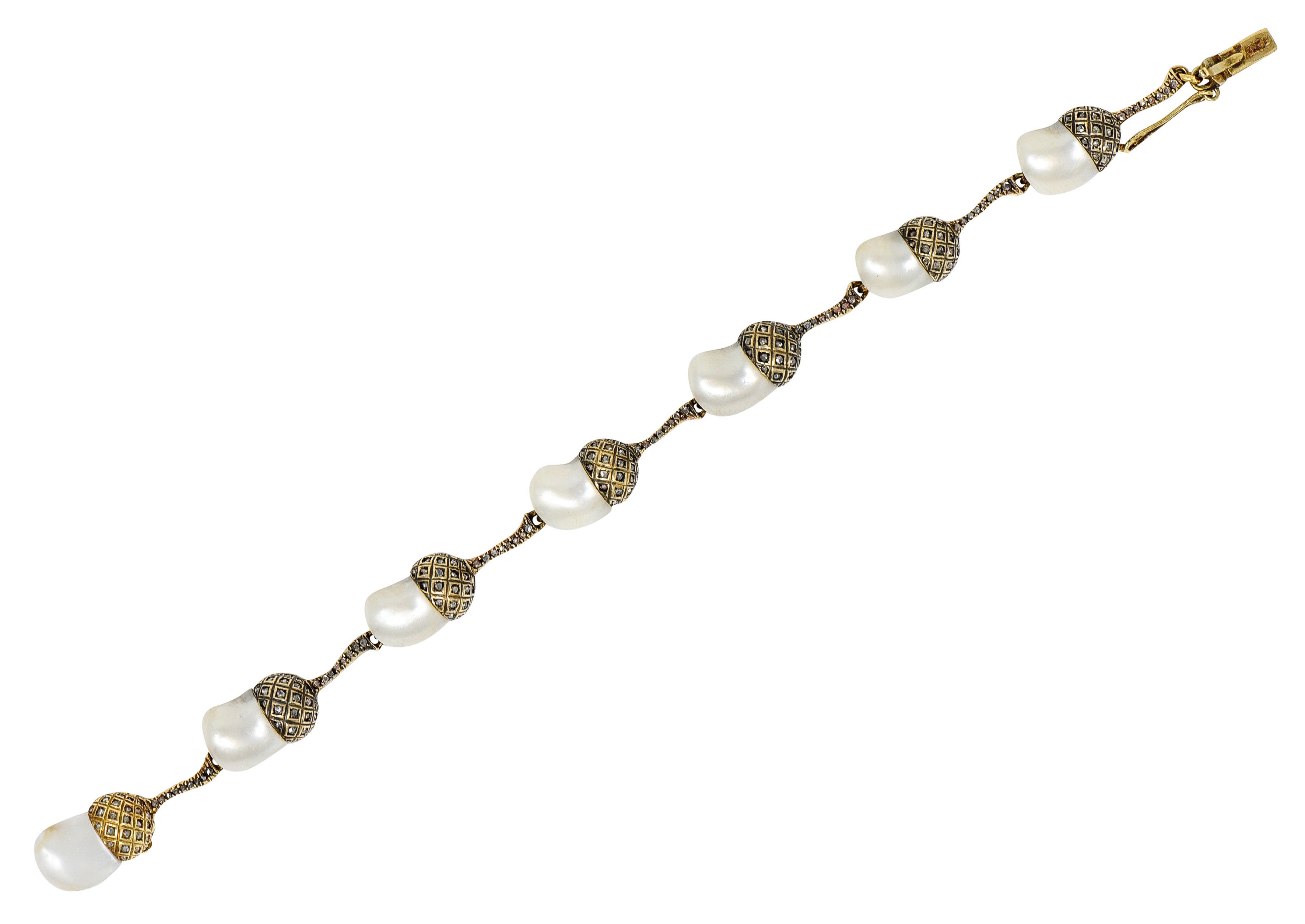 1910 Edwardian Russian Baroque Pearl Diamond 14 Karat Gold Acorn Link Braceletbracelet - Wilson's Estate Jewelry