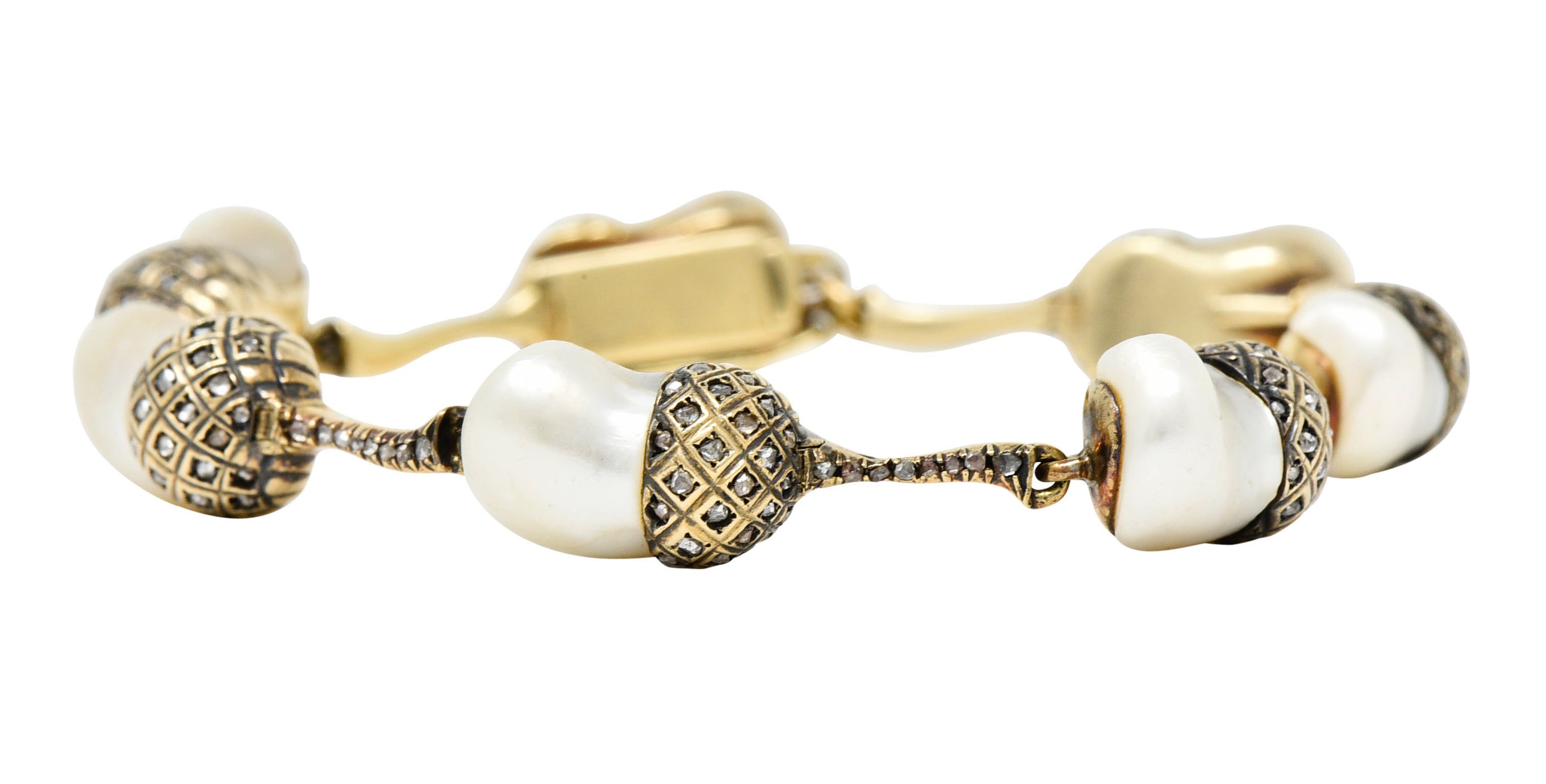 1910 Edwardian Russian Baroque Pearl Diamond 14 Karat Gold Acorn Link Braceletbracelet - Wilson's Estate Jewelry