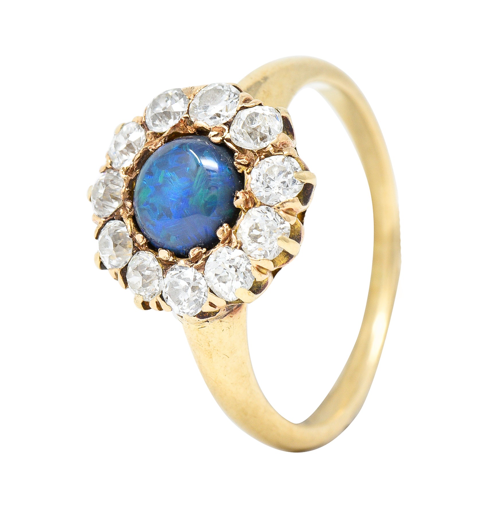 Victorian 0.88 CTW Black Opal Cabochon Old European Cut Diamond 14 Karat Yellow Gold Antique Halo Ring Wilson's Estate Jewelry