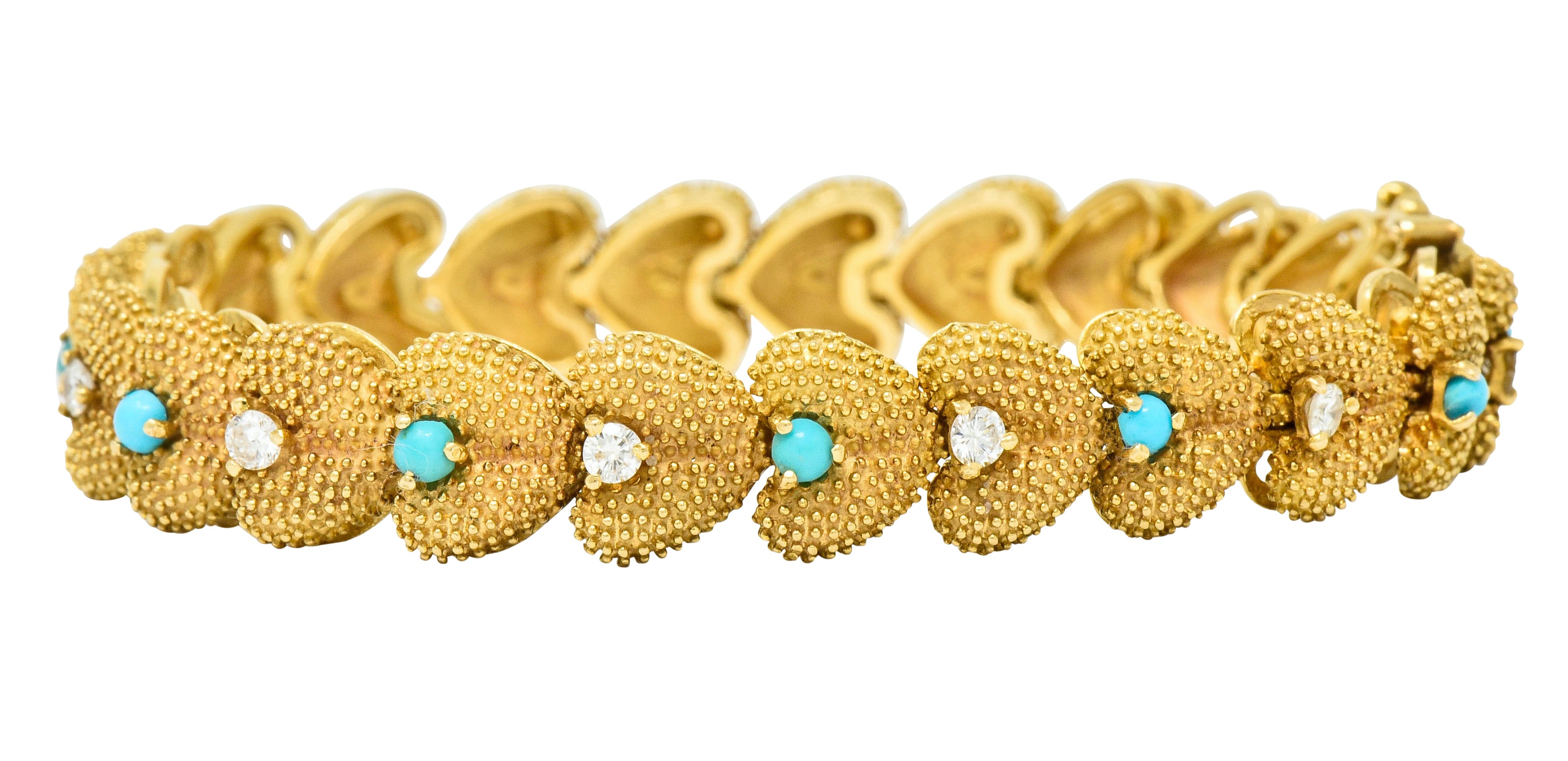 1960's House of La Triomphe Diamond Turquoise 14 Karat Gold Heart Link Bracelet - Wilson's Estate Jewelry