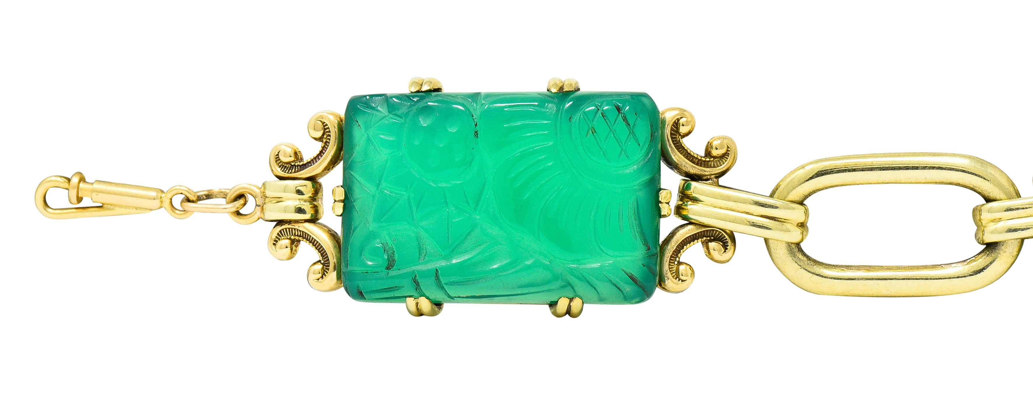 Art Deco Carved Chrysoprase 14 Karat Gold Link Bracelet Circa 1930 - Wilson's Estate Jewelry