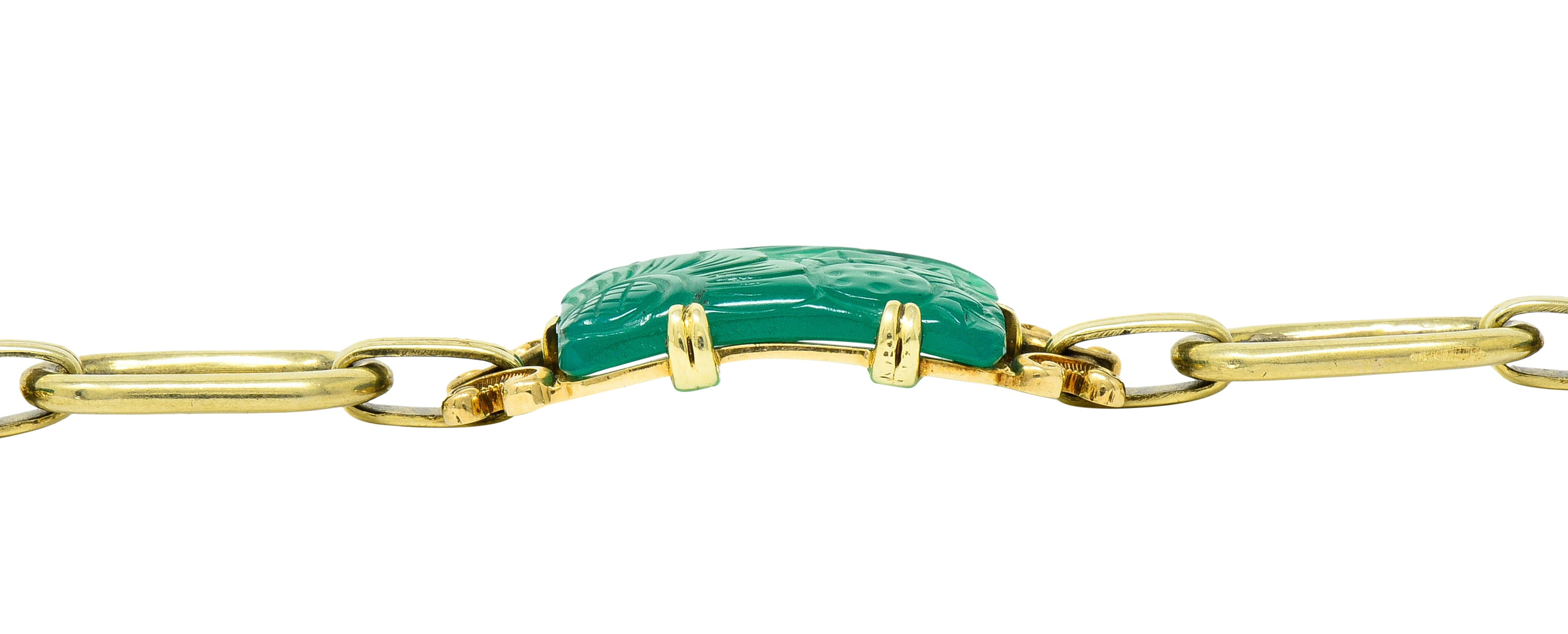 Art Deco Carved Chrysoprase 14 Karat Gold Link Bracelet Circa 1930 - Wilson's Estate Jewelry