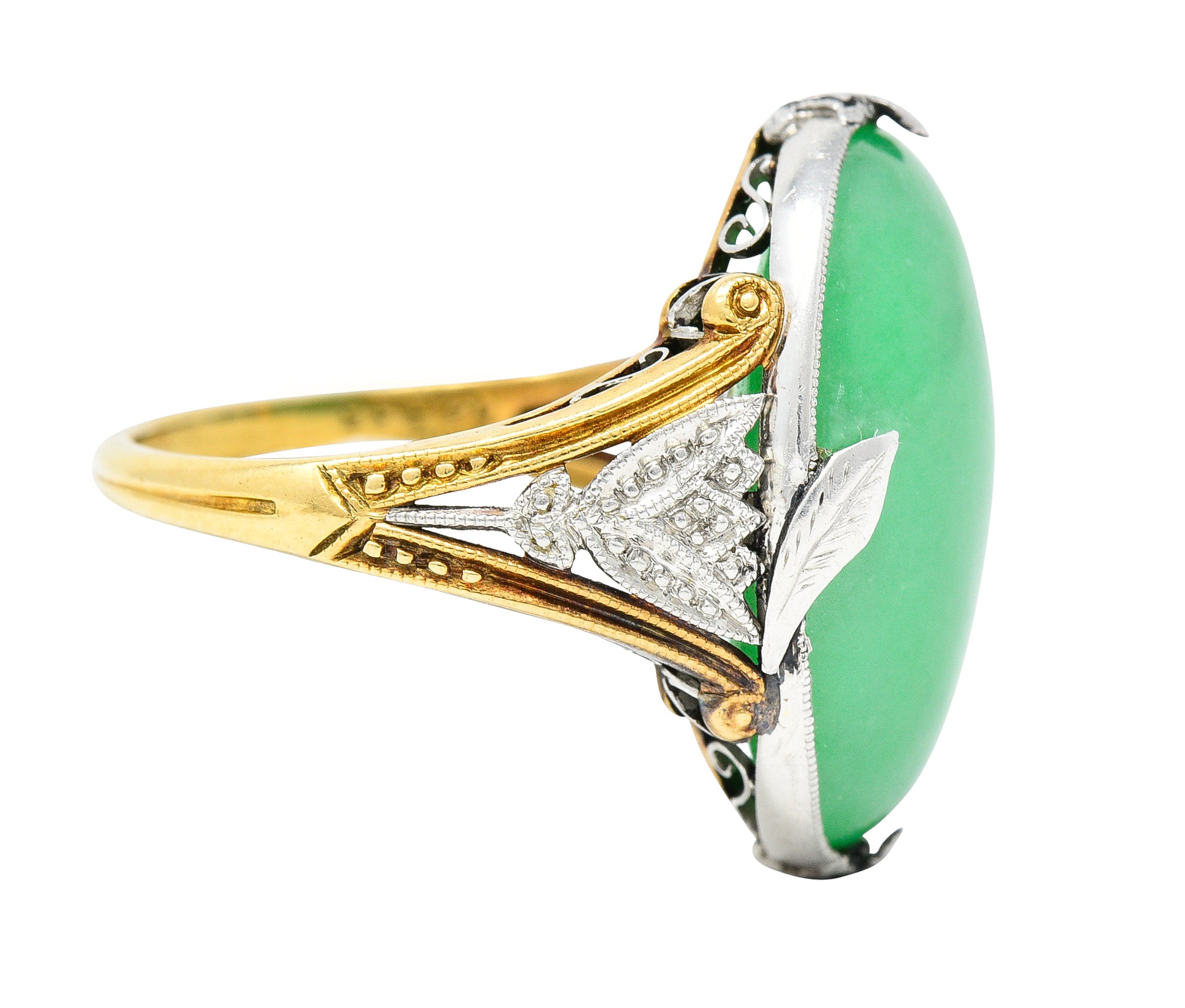 Edwardian Natural Jadeite Jade Cabochon Platinum 18 Karat Yellow Gold Lotus Antique Ring GIA Wilson's Estate Jewelry