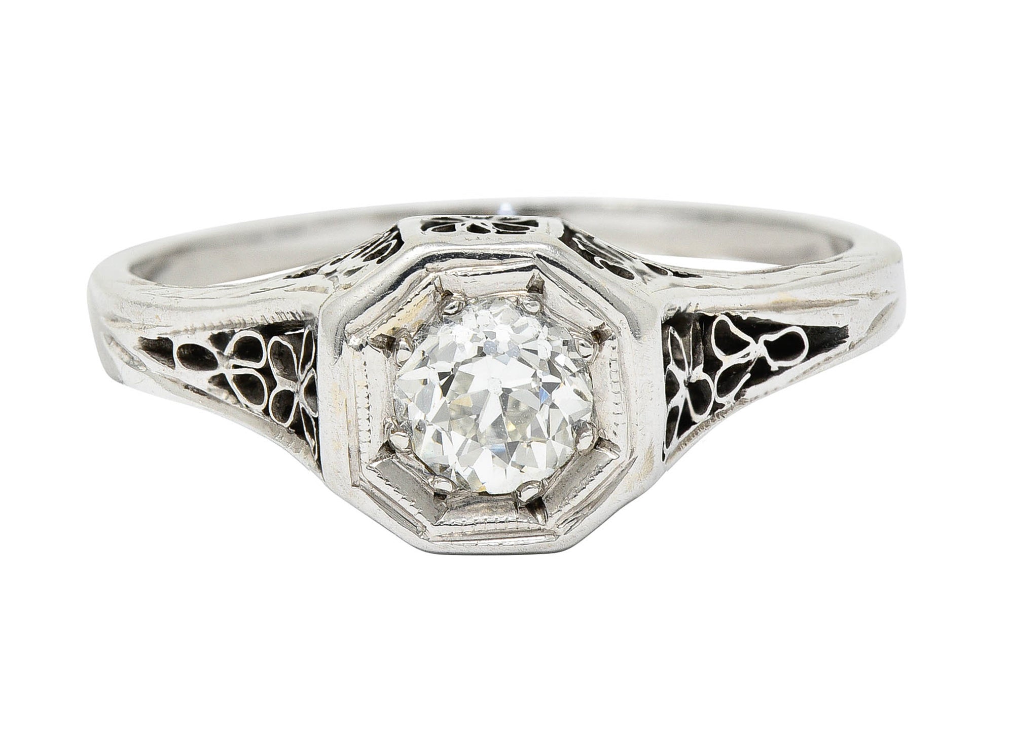 Edwardian 0.45 CTW Diamond 14 Karat White Gold Floral Engagement RingRing - Wilson's Estate Jewelry