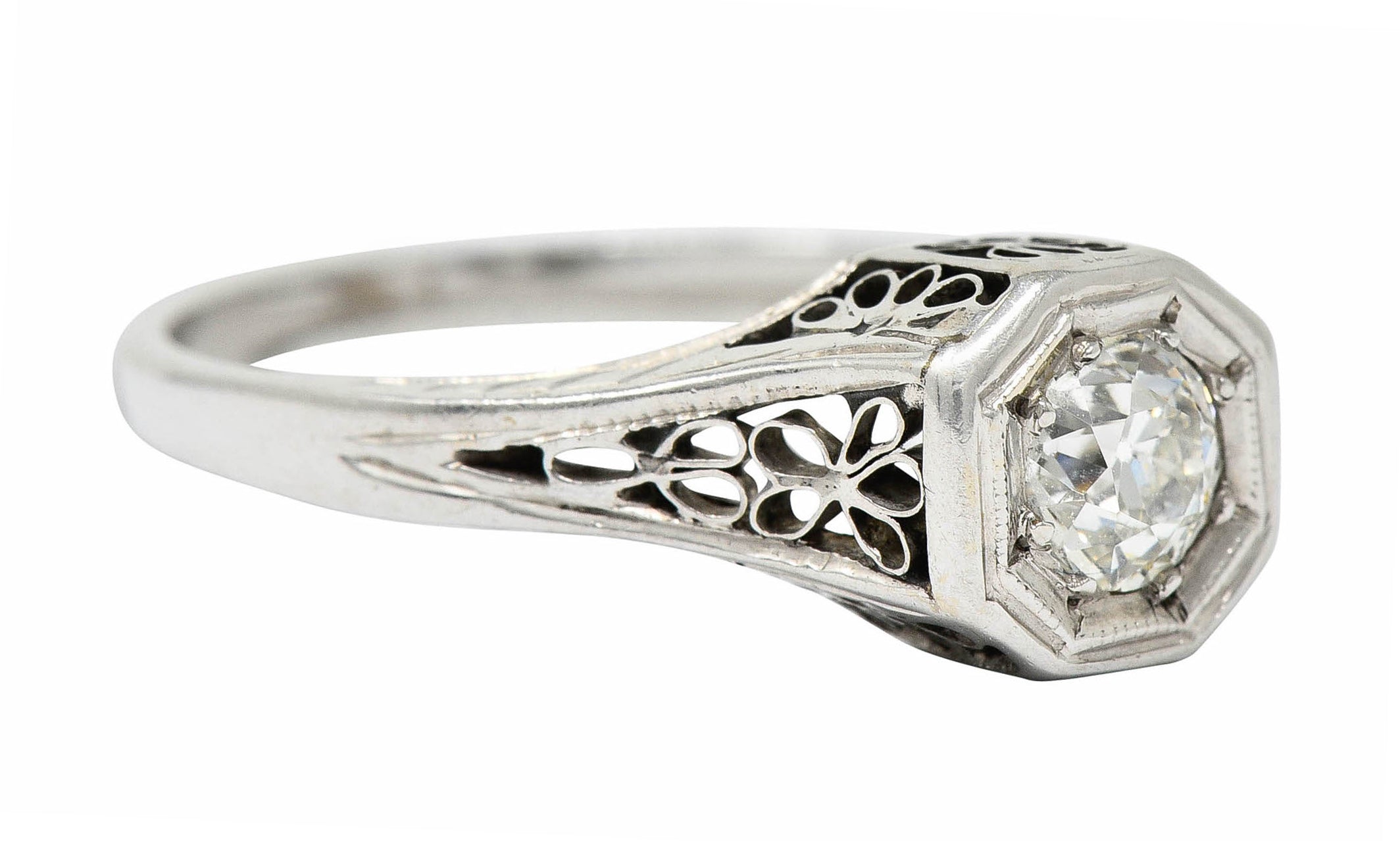 Edwardian 0.45 CTW Diamond 14 Karat White Gold Floral Engagement RingRing - Wilson's Estate Jewelry