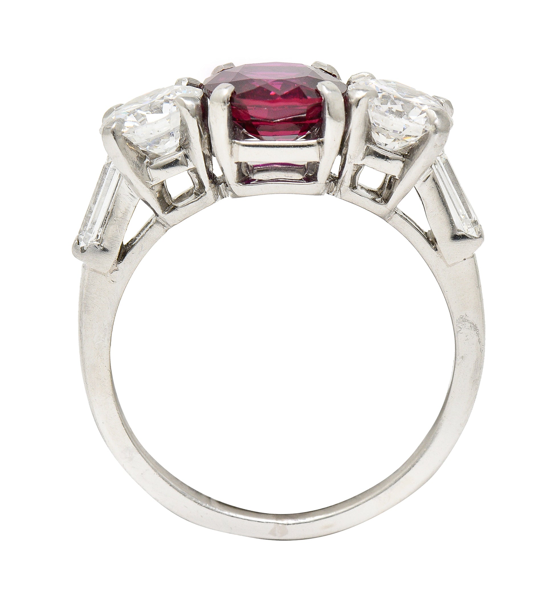 Mid-Century 2.84 CTW No Heat Ruby Diamond Platinum Vintage Three Stone Ring GIA