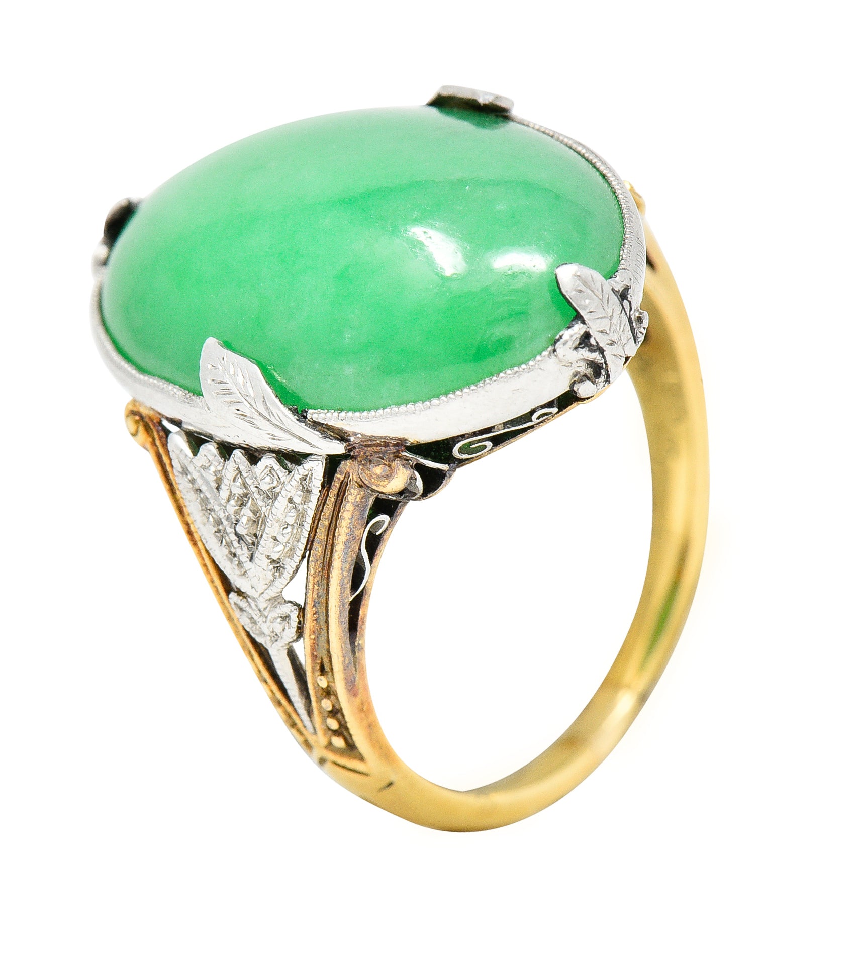 Edwardian Natural Jadeite Jade Cabochon Platinum 18 Karat Yellow Gold Lotus Antique Ring GIA Wilson's Estate Jewelry