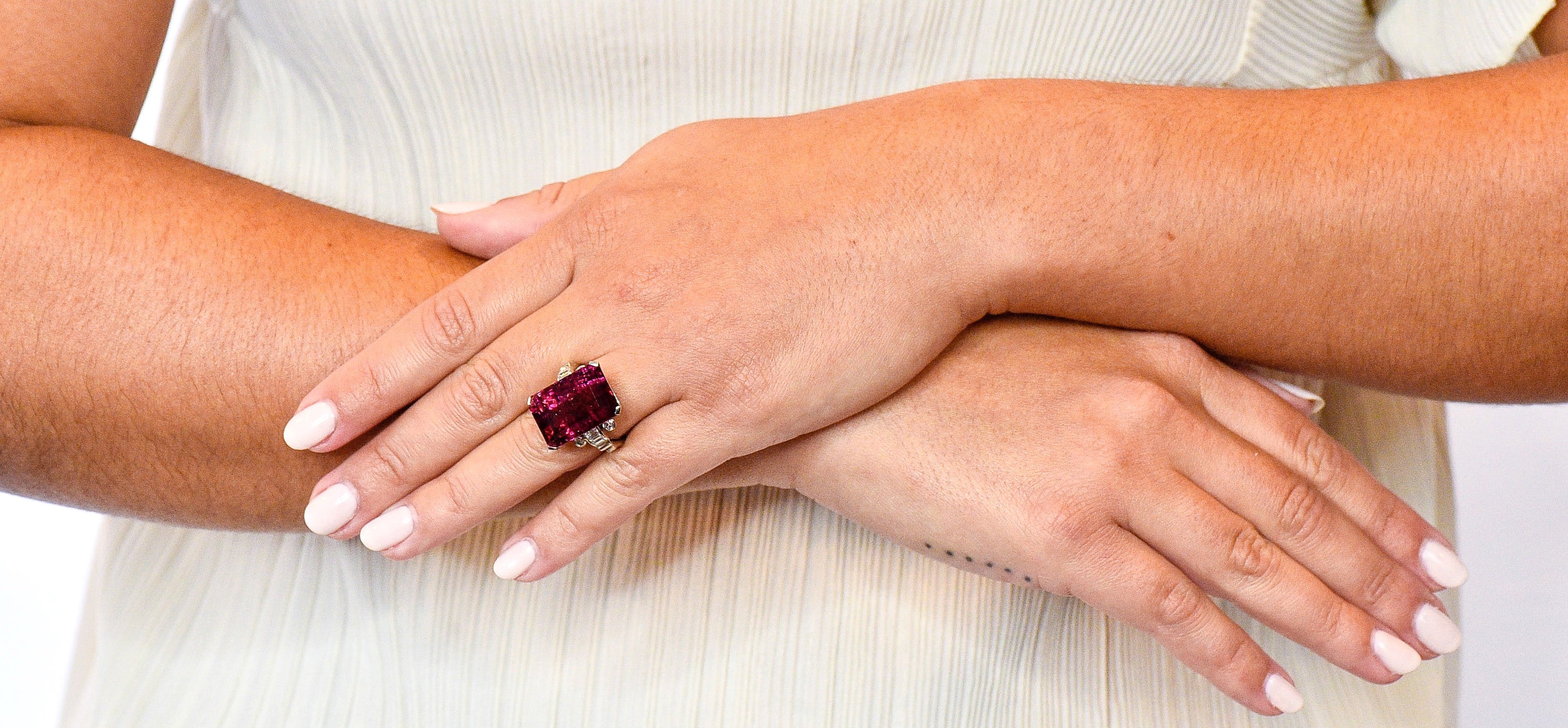 Retro 22.15 CTW Rubellite Tourmaline Diamond 18 Karat White Gold Cocktail Ring - Wilson's Estate Jewelry