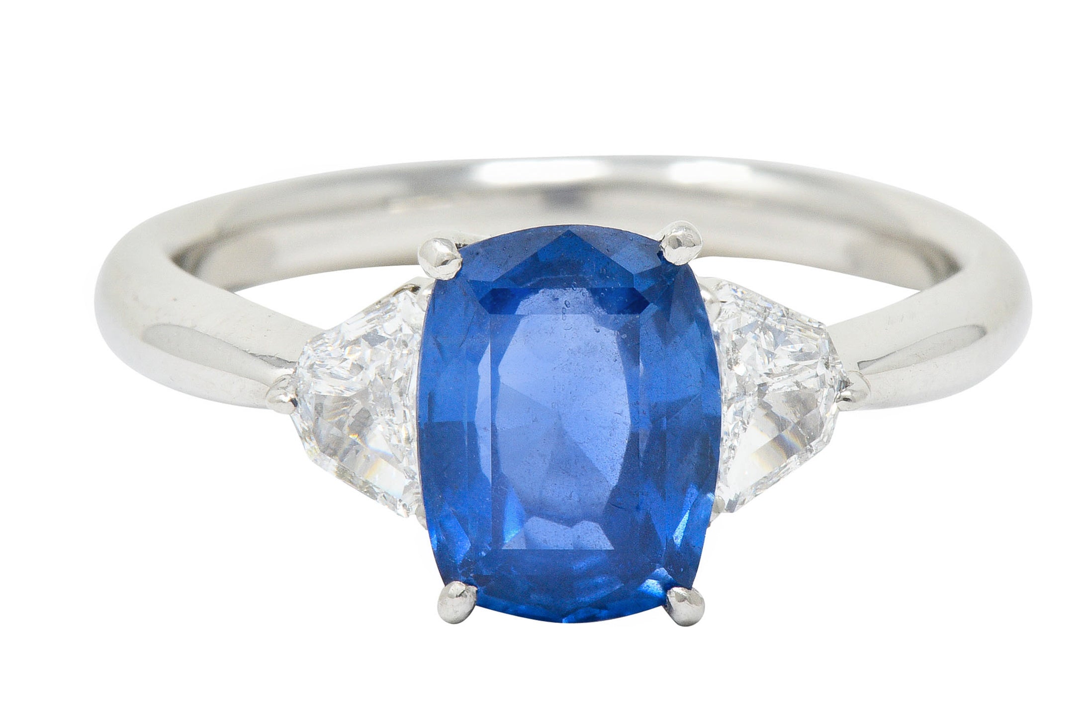 Contemporary 2.60 CTW No Heat Sapphire Diamond Platinum Three Stone Ring GIARing - Wilson's Estate Jewelry