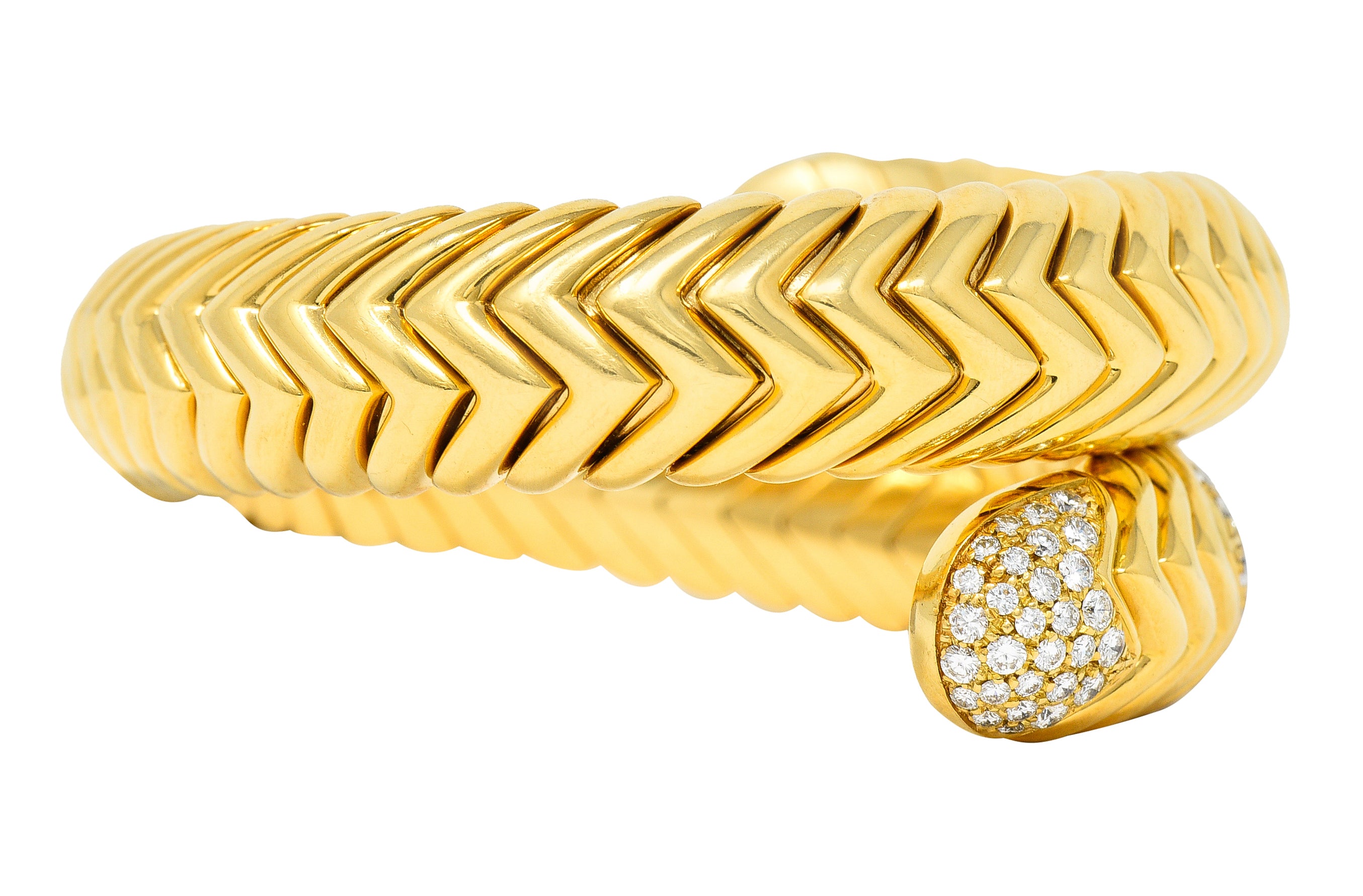 Bulgari Diamond 18 Karat Yellow Gold Spiga Cuff Bracelet Wilson's Antique & Estate Jewelry