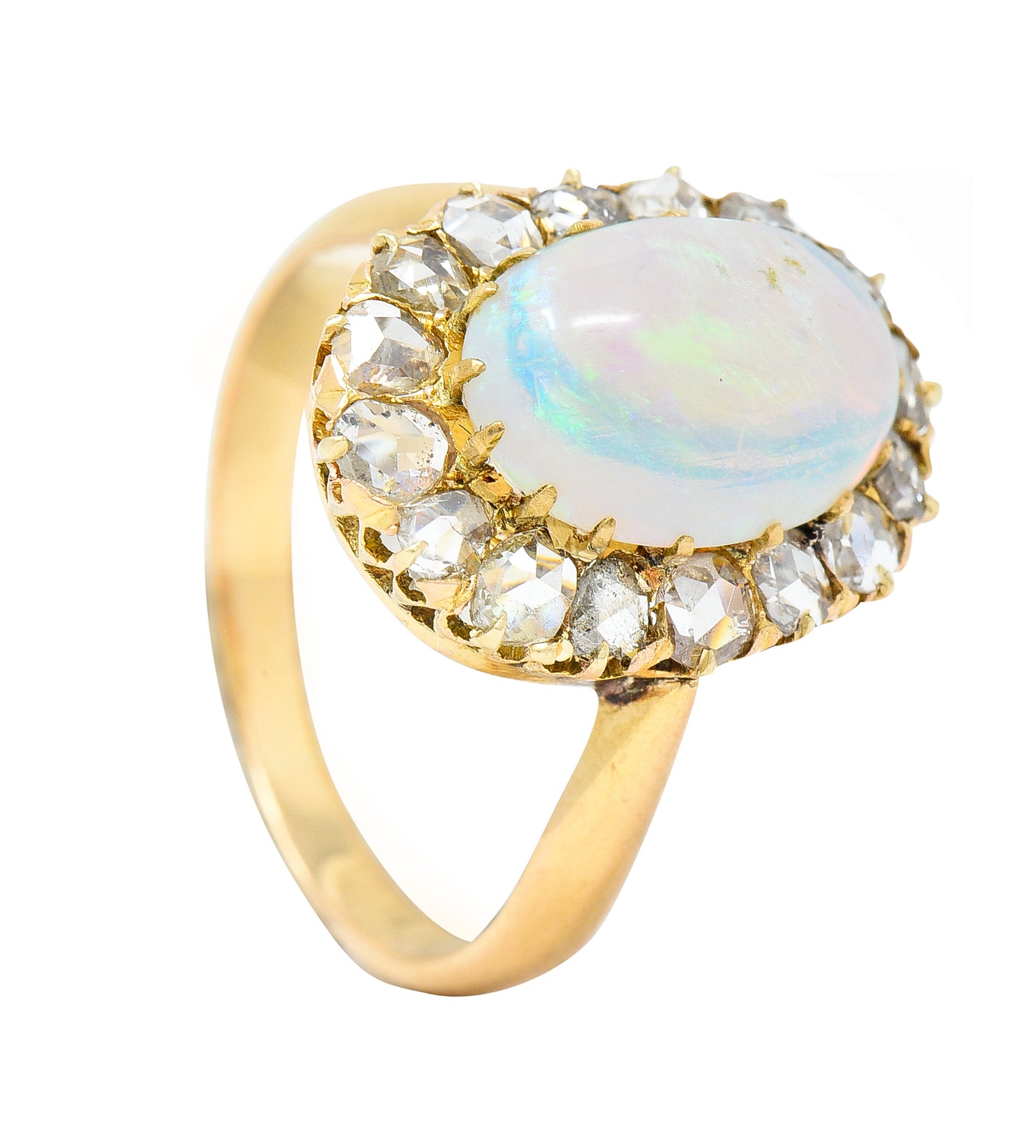 Victorian Opal Cabochon Diamond 18 Karat Yellow Gold Antique Halo Ring Wilson's Estate Jewelry