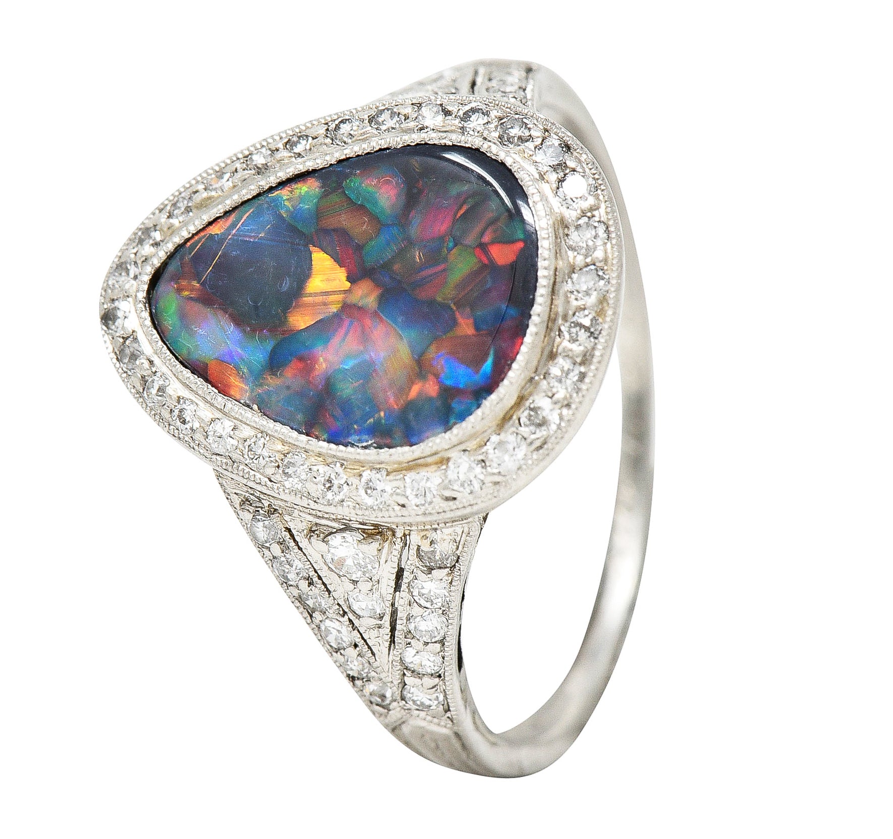 1925 Art Deco Black Opal Diamond Platinum Gemstone Ring Wilson's Estate Jewelry