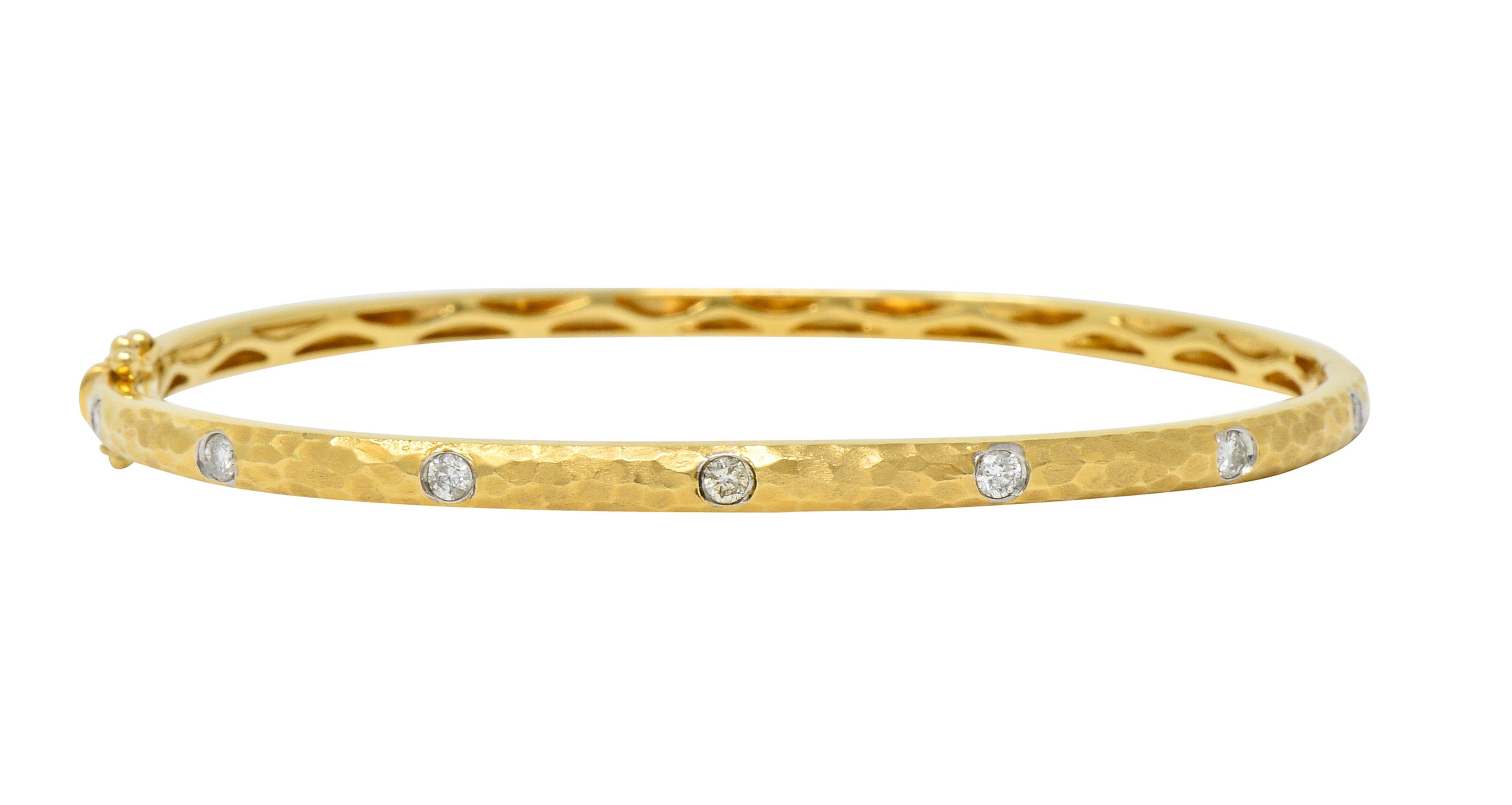 Modern 0.42 CTW Diamond 14 Karat Hammered Gold Bangle Braceletbracelet - Wilson's Estate Jewelry