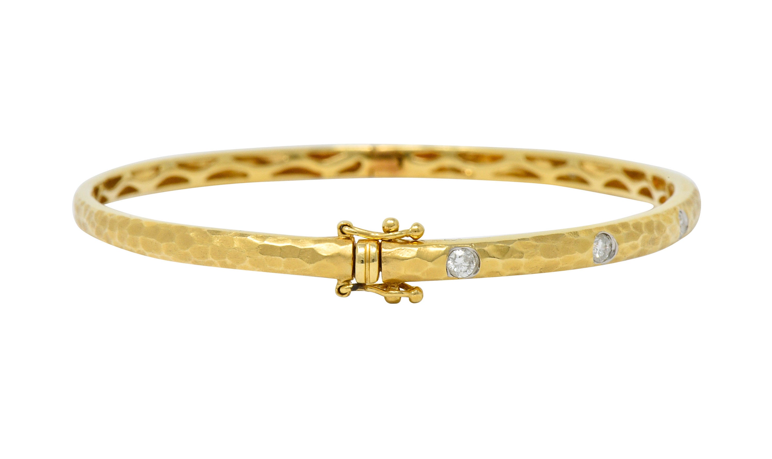 Modern 0.42 CTW Diamond 14 Karat Hammered Gold Bangle Braceletbracelet - Wilson's Estate Jewelry