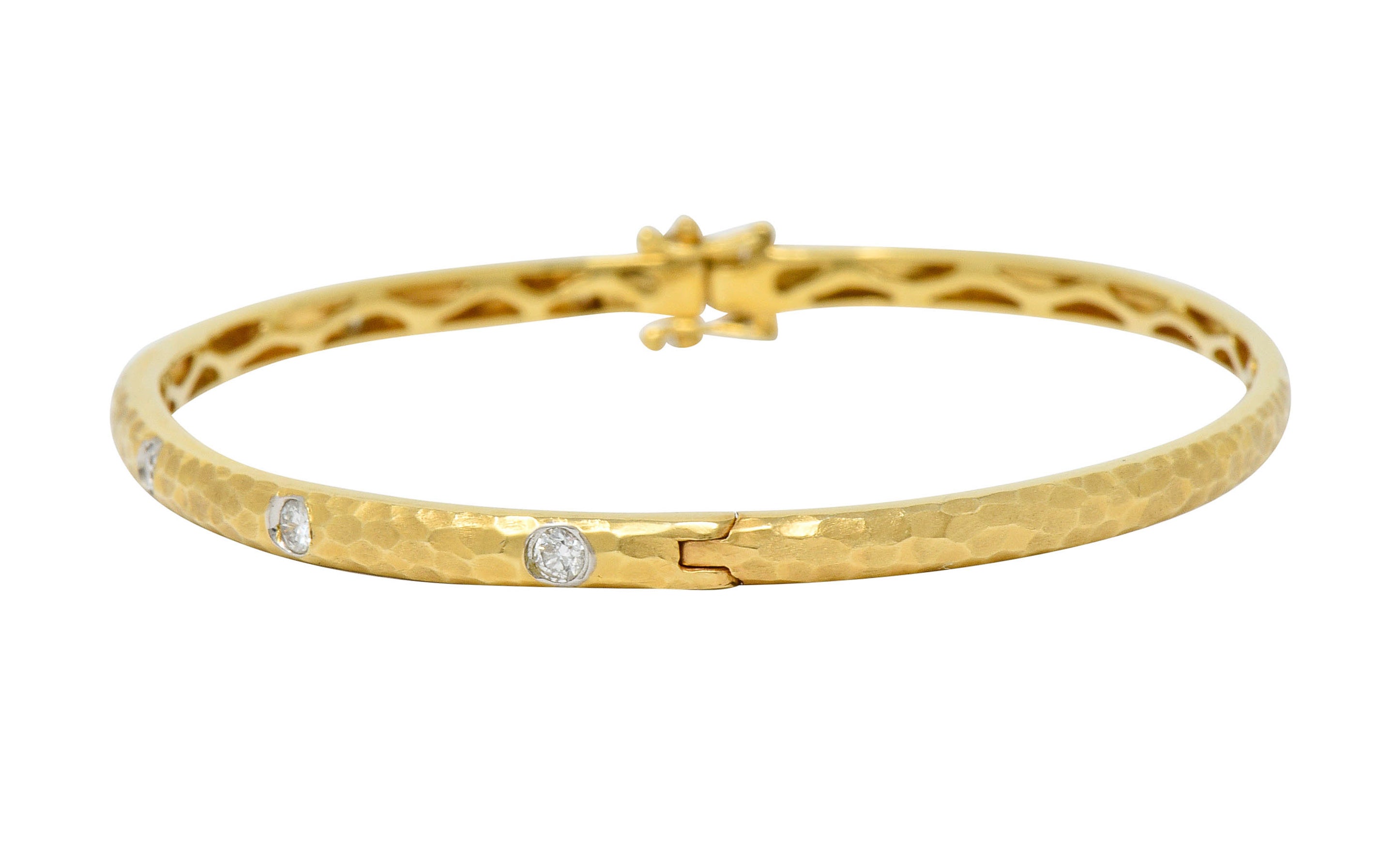 Modern 0.42 CTW Diamond 14 Karat Hammered Gold Bangle Braceletbracelet - Wilson's Estate Jewelry