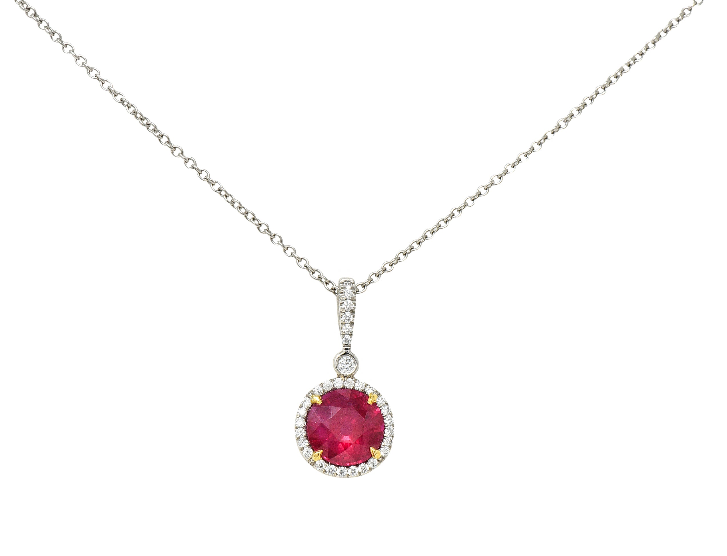 Contemporary 1.90 CTW Ruby Diamond Halo Platinum Gemstone Pendant NecklaceNecklace - Wilson's Estate Jewelry