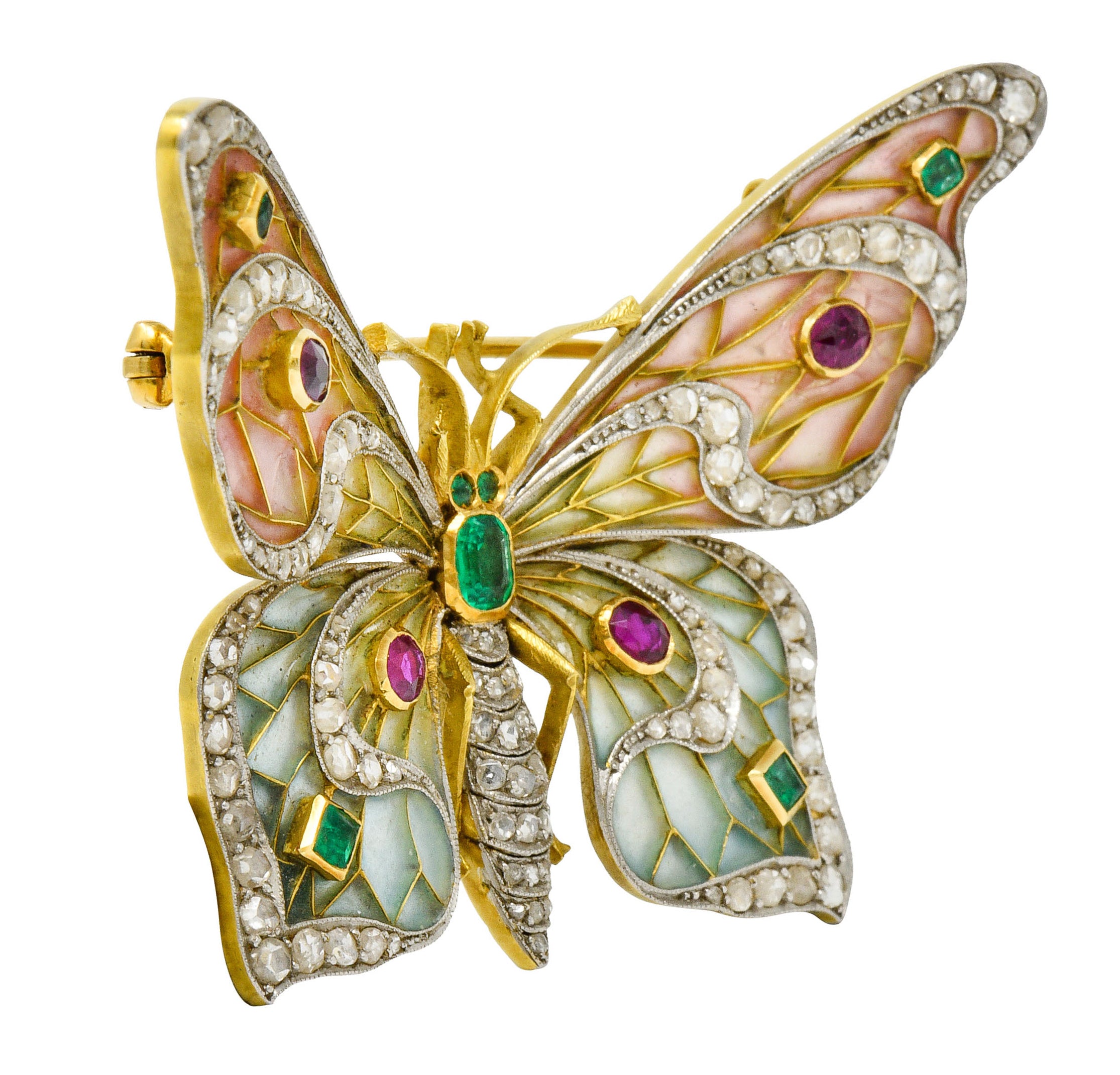 Substantial Art Nouveau Diamond Emerald Ruby Plique-A-Jour Enamel 18 Karat Gold Butterfly Pendant BroochBrooch - Wilson's Estate Jewelry