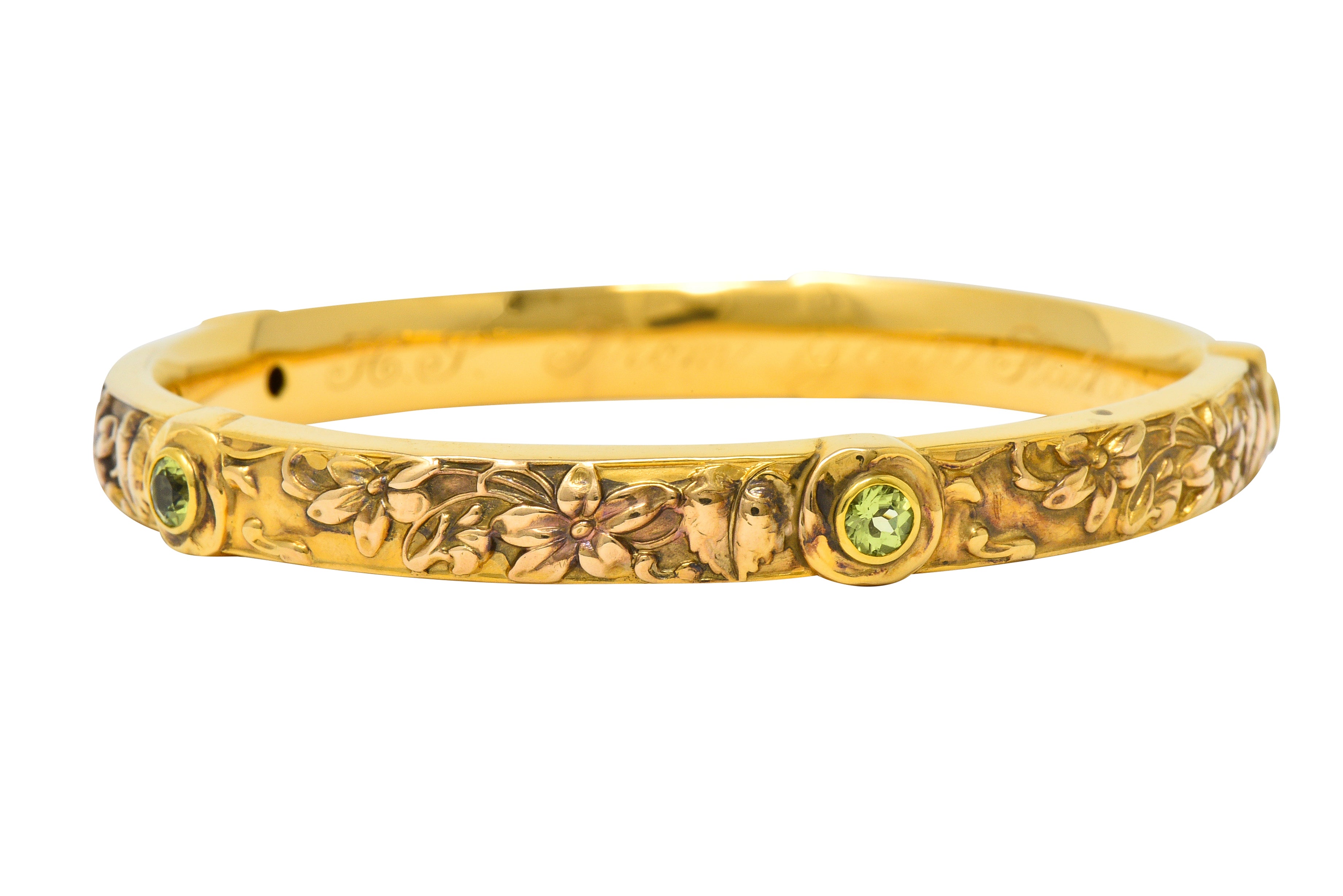 Riker Brothers Art Nouveau Peridot 14 Karat Gold Floral Bangle Braceletbracelet - Wilson's Estate Jewelry