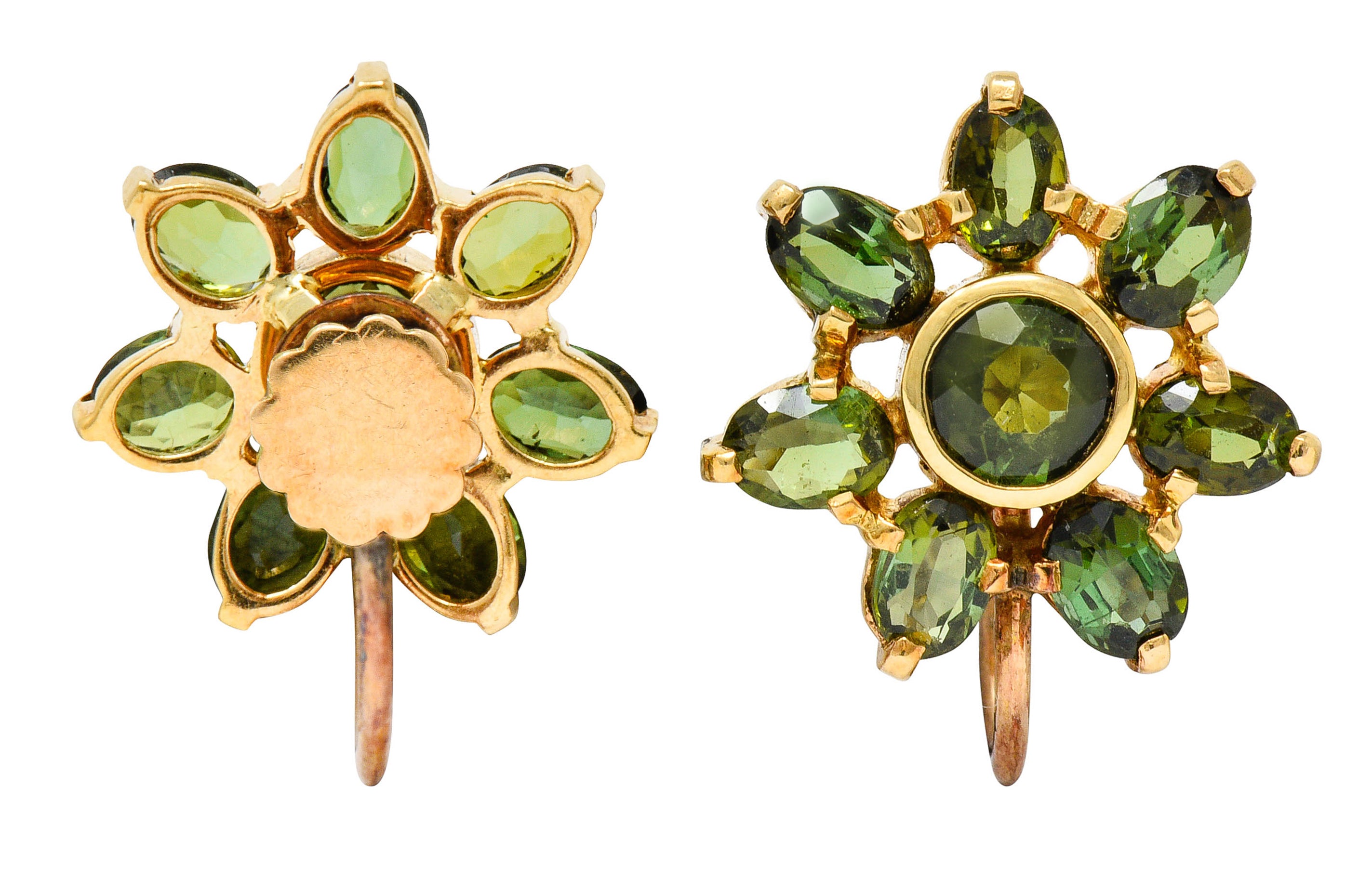 Tiffany & Co. Retro Green Tourmaline 14 Karat Gold Flower Screwback EarringsEarrings - Wilson's Estate Jewelry