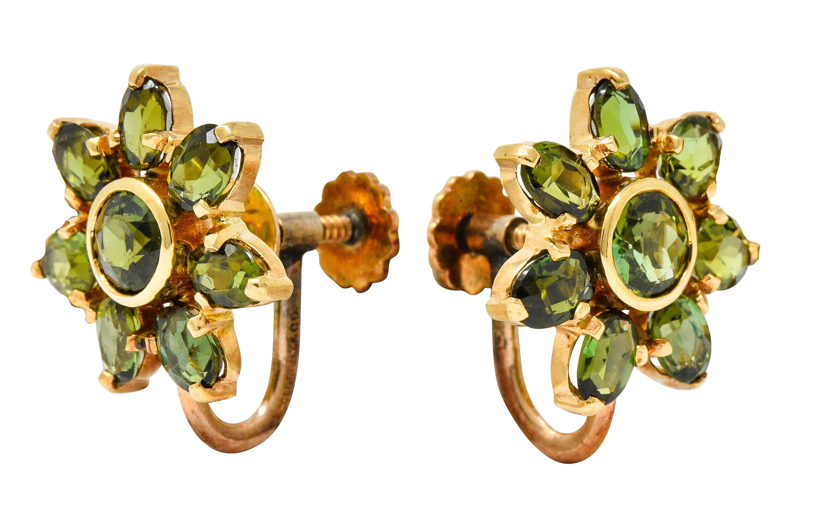 Tiffany & Co. Retro Green Tourmaline 14 Karat Gold Flower Screwback EarringsEarrings - Wilson's Estate Jewelry