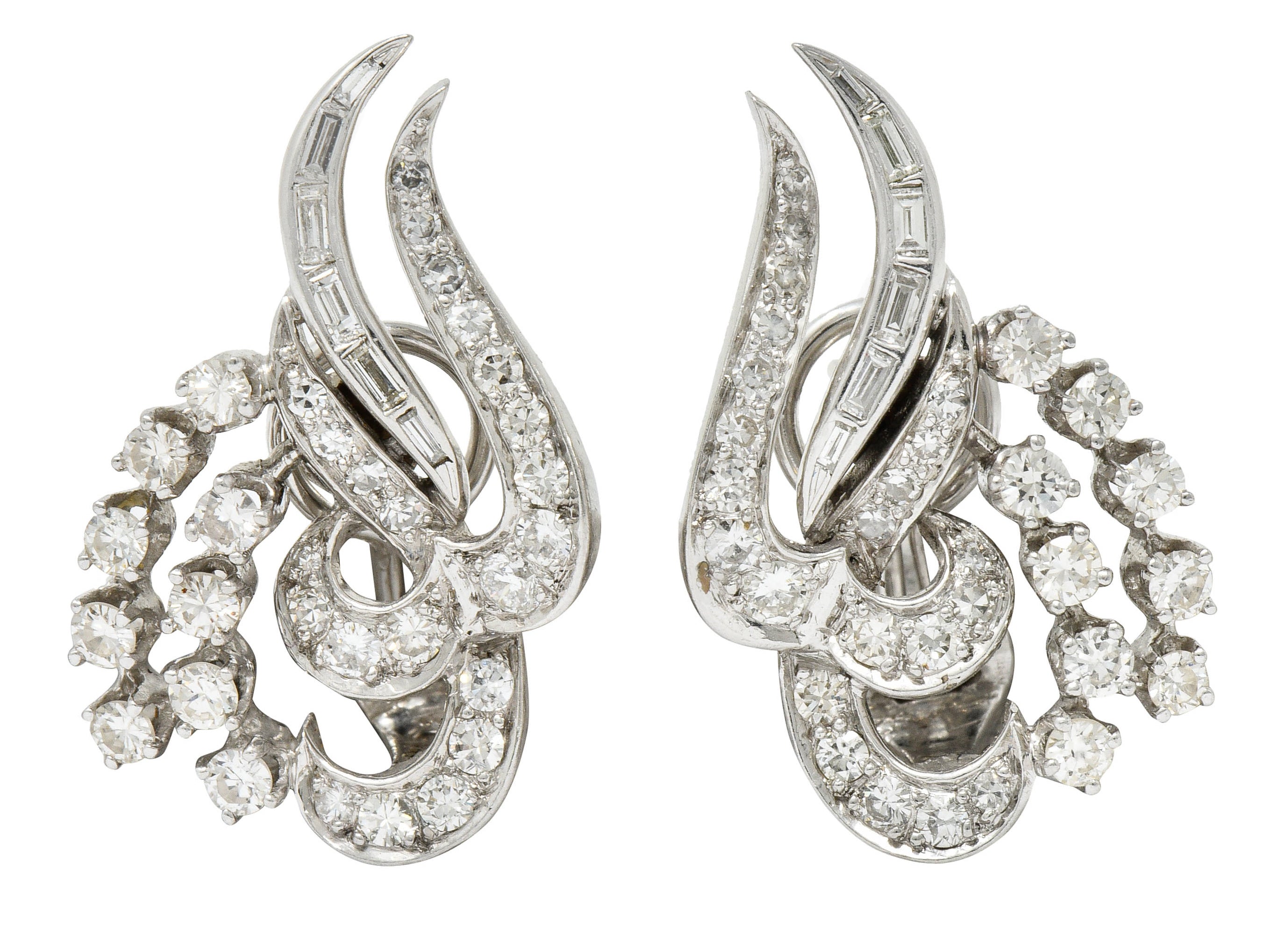 1950's Mid-Century 2.62 CTW Diamond Platinum Tendril EarringsEarrings - Wilson's Estate Jewelry