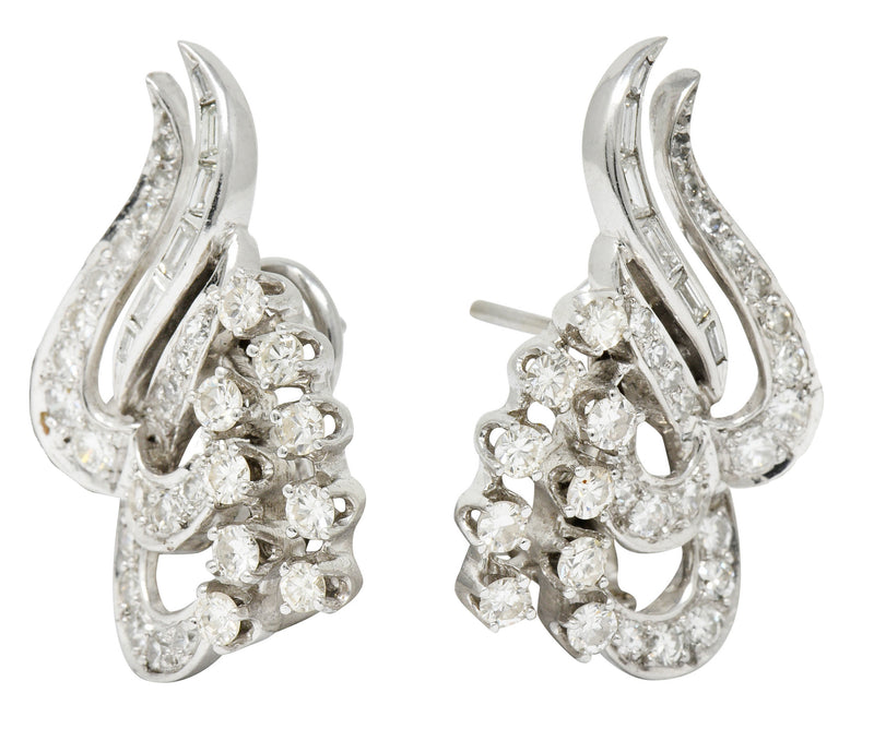 1950's Mid-Century 2.62 CTW Diamond Platinum Tendril EarringsEarrings - Wilson's Estate Jewelry