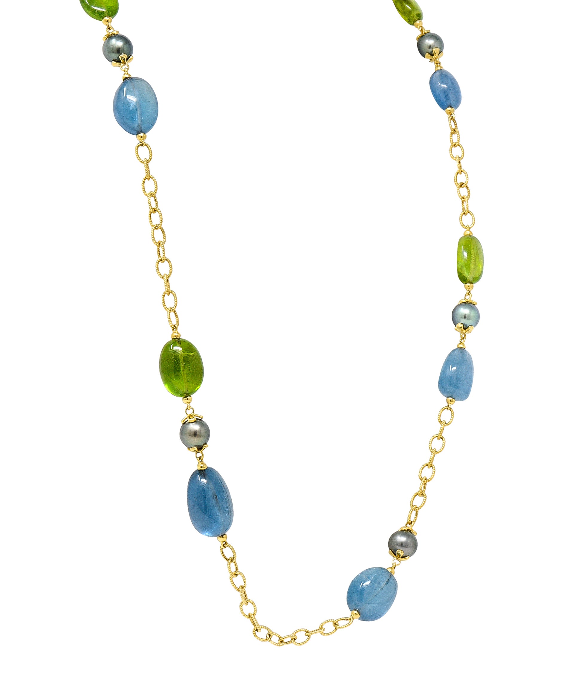 Goshwara Aquamarine Peridot Tahitian Pearl 18 Karat Gold Long Chain Station NecklaceNecklace - Wilson's Estate Jewelry