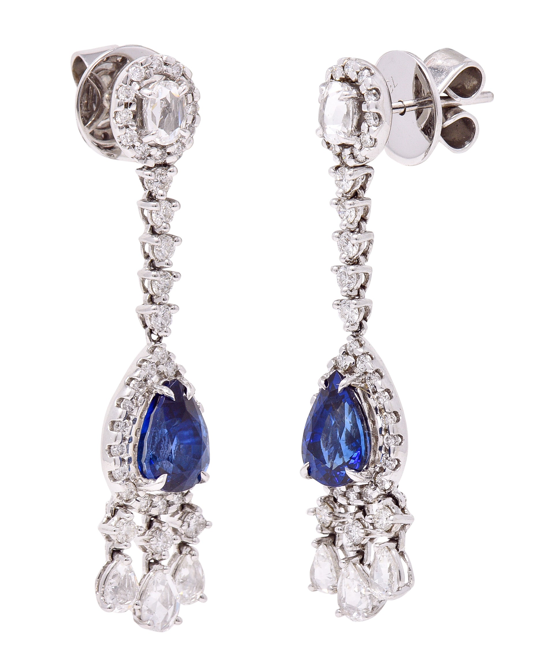 Contemporary 4.46 CTW Pear Cut sapphire Diamond 18 Karat White Gold Fringe Drop Earrings Wilson's Estate Jewelry