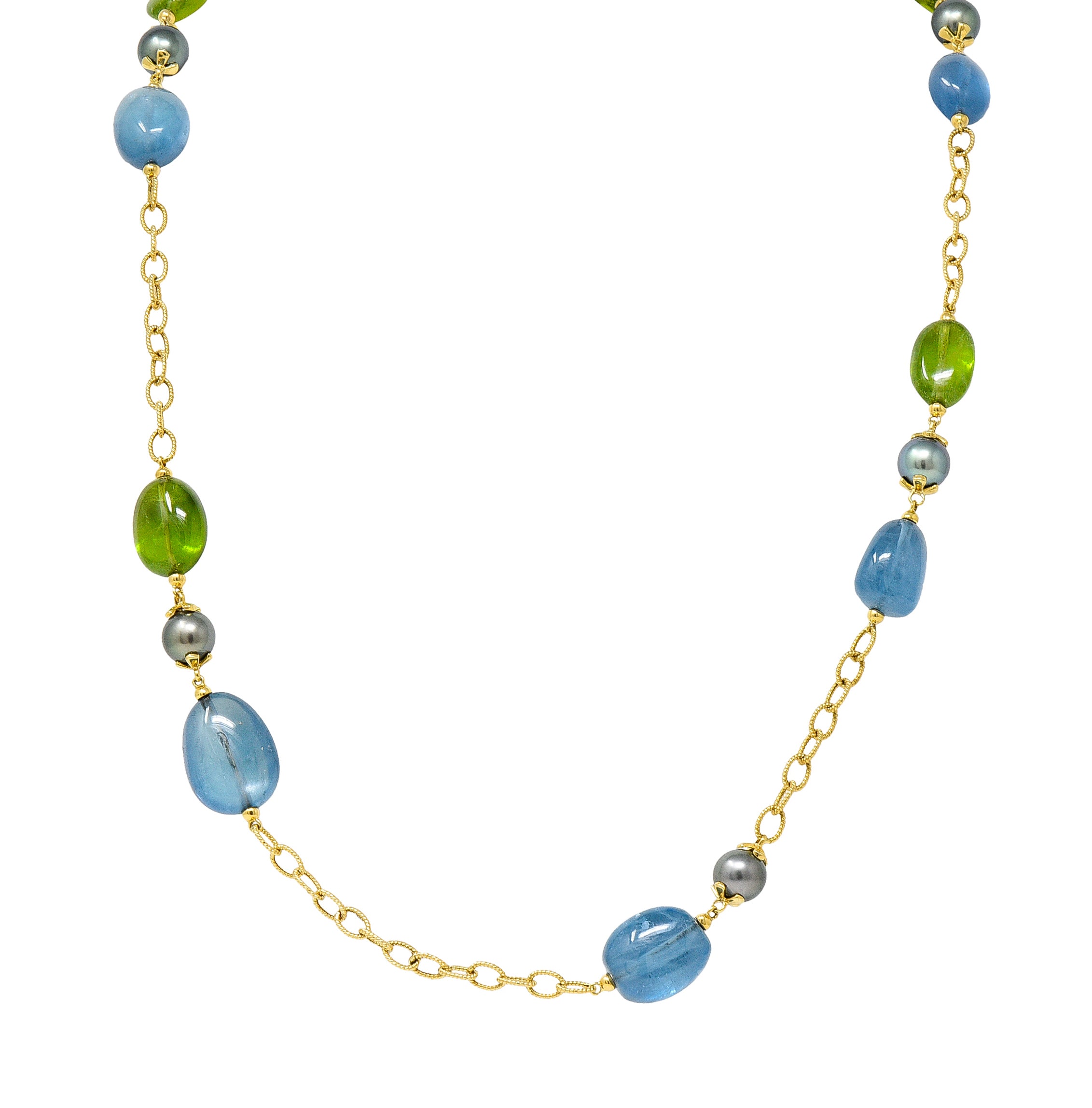 Goshwara Aquamarine Peridot Tahitian Pearl 18 Karat Gold Long Chain Station NecklaceNecklace - Wilson's Estate Jewelry