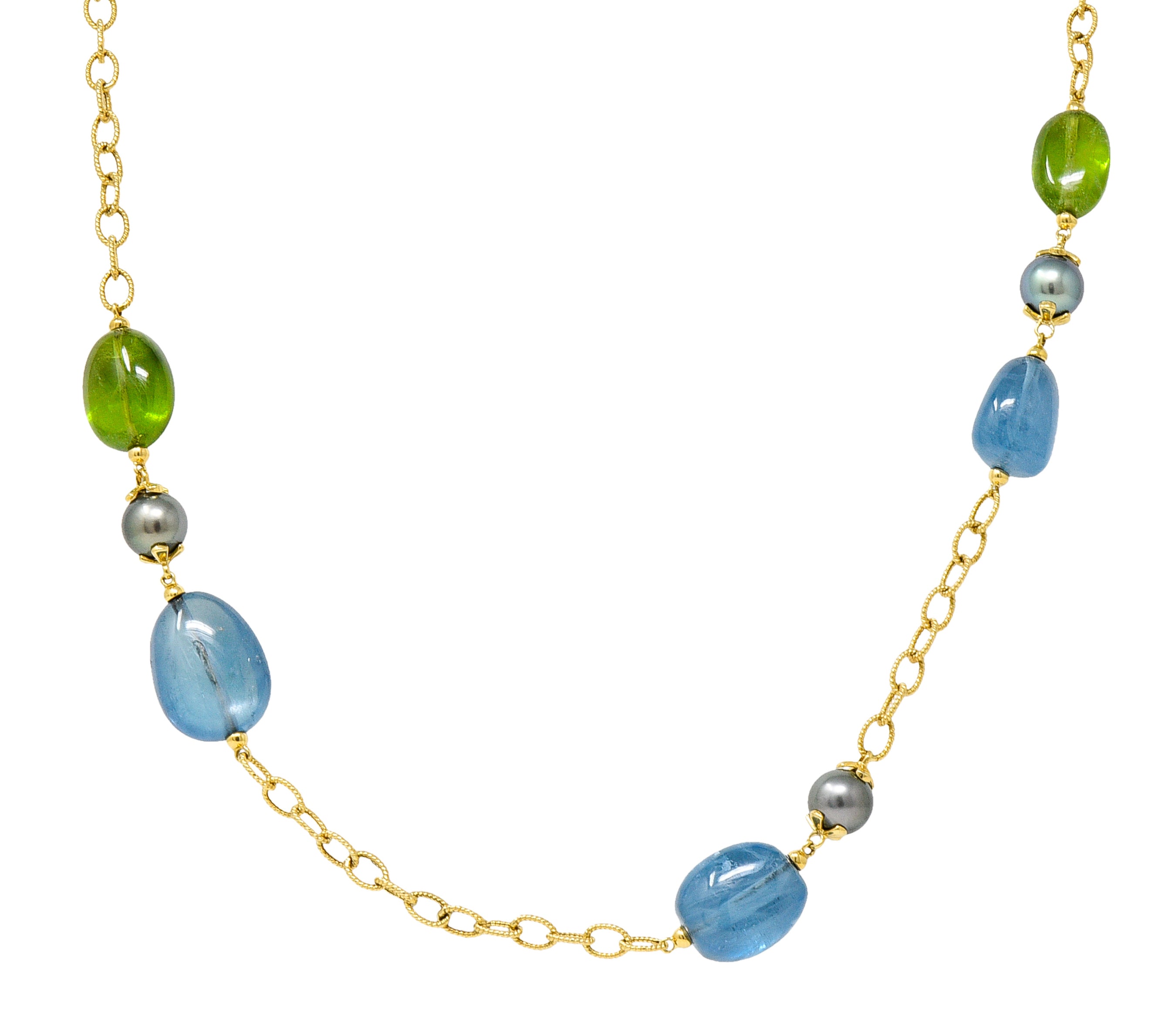 Goshwara Aquamarine Peridot Tahitian Pearl 18 Karat Gold Long Chain Station NecklaceNecklace - Wilson's Estate Jewelry