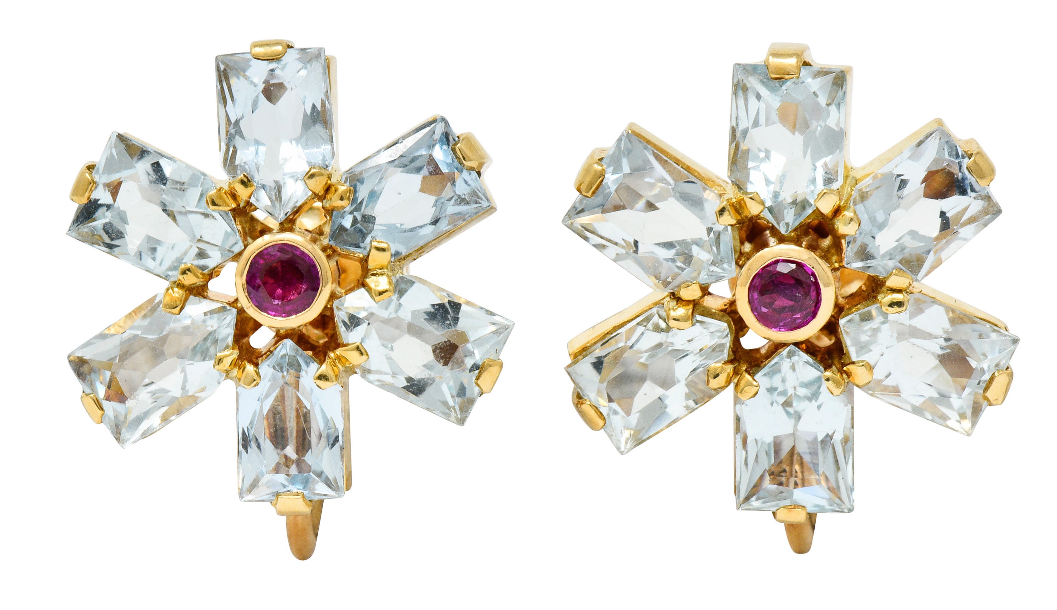 Tiffany & Co. Retro 6.20 CTW Aquamarine Ruby 14 Karat Gold Flower Screwback EarringsEarrings - Wilson's Estate Jewelry